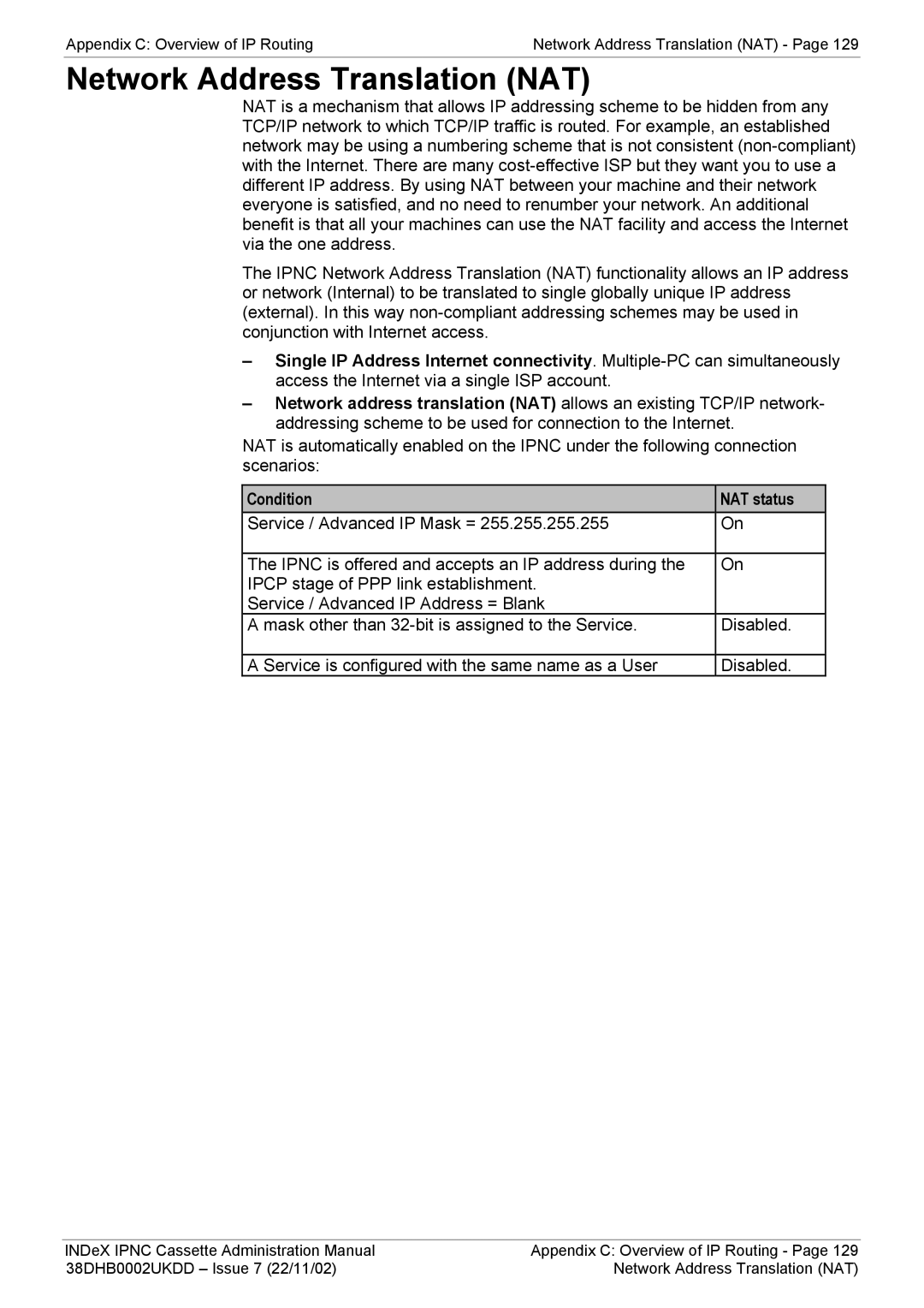 Avaya 38DHB0002UKDD manual Network Address Translation NAT, Condition NAT status 