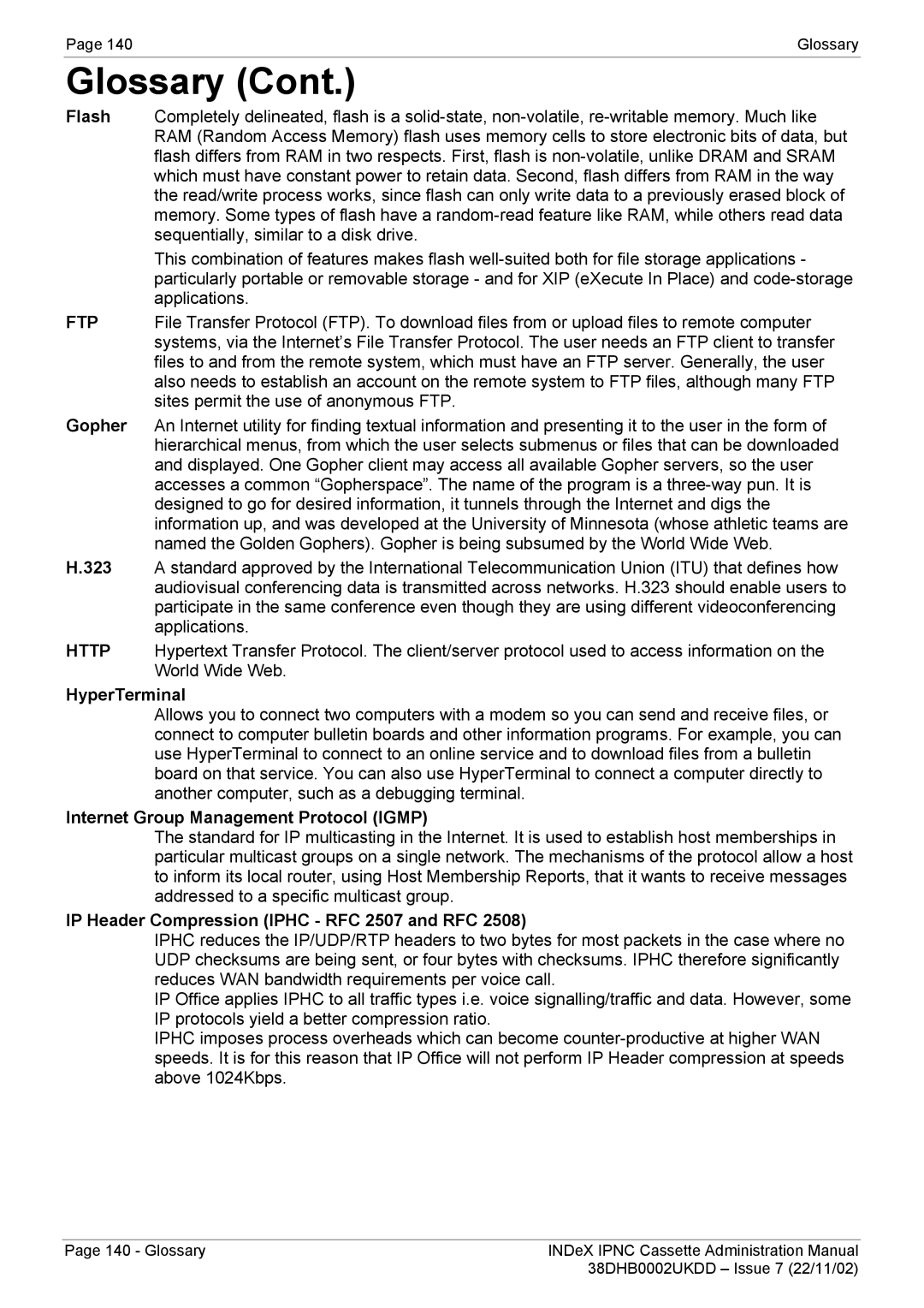 Avaya 38DHB0002UKDD HyperTerminal, Internet Group Management Protocol Igmp, IP Header Compression Iphc RFC 2507 and RFC 