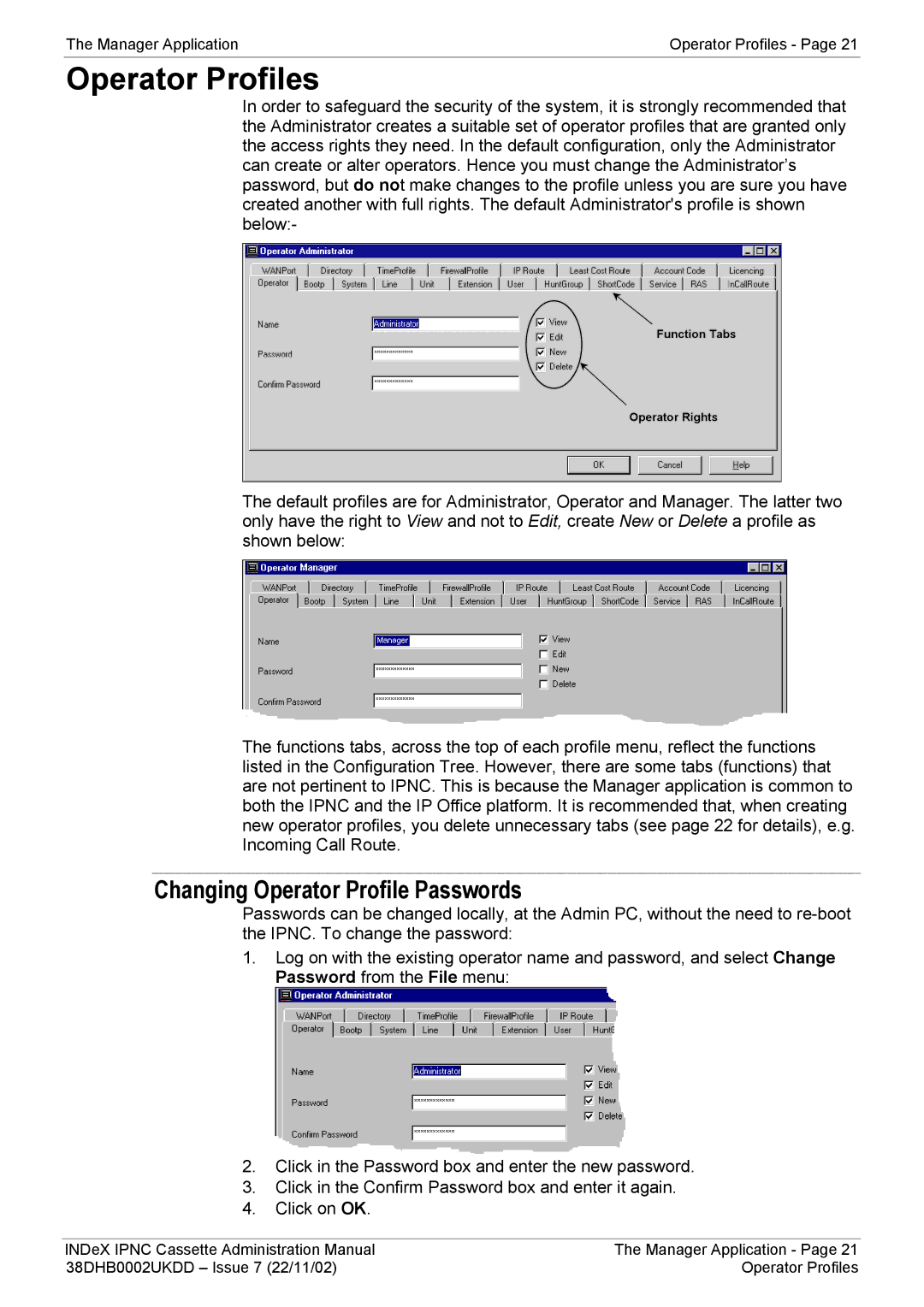 Avaya 38DHB0002UKDD manual Operator Profiles, Changing Operator Profile Passwords 