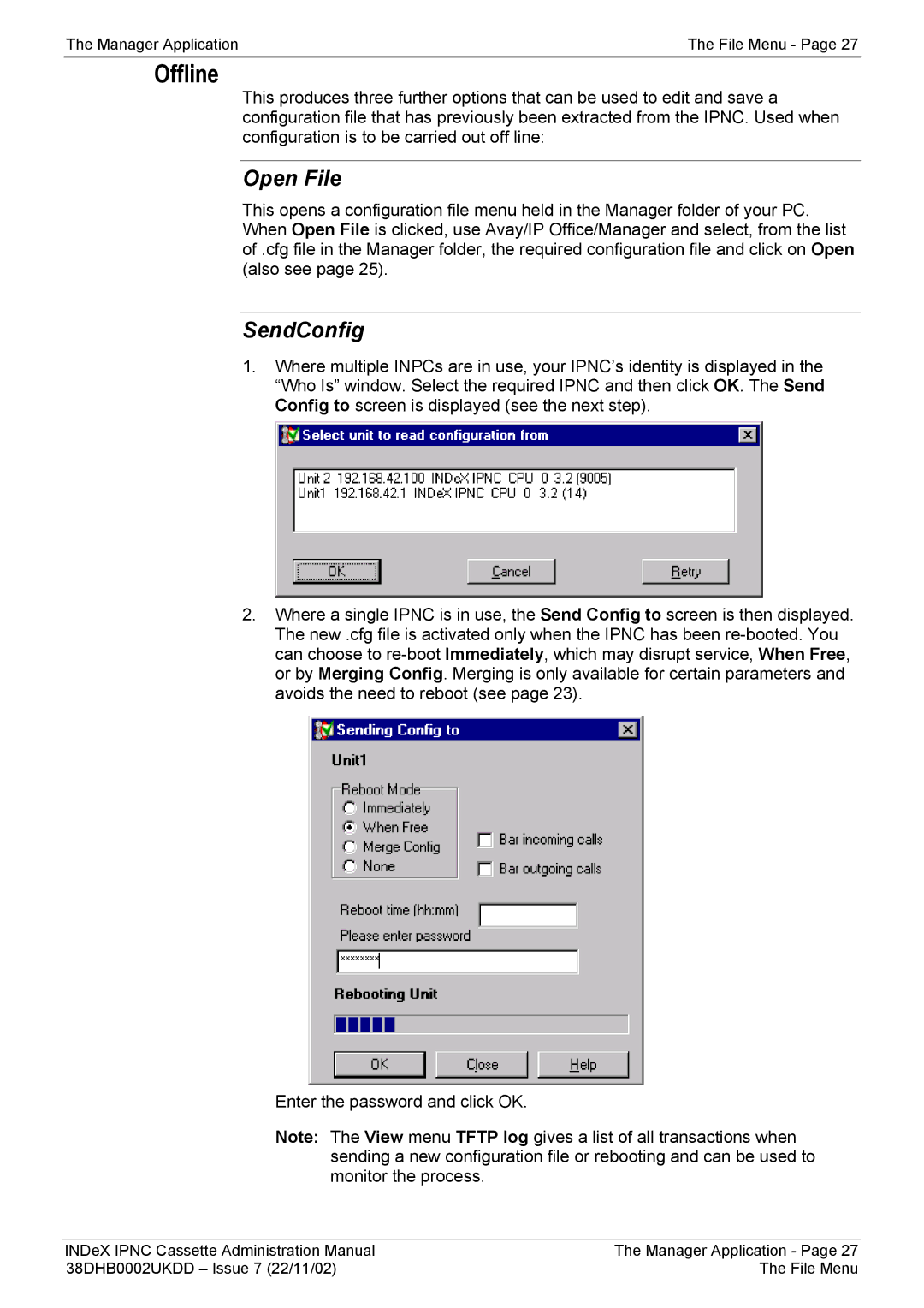 Avaya 38DHB0002UKDD manual Offline, Open File, SendConfig 