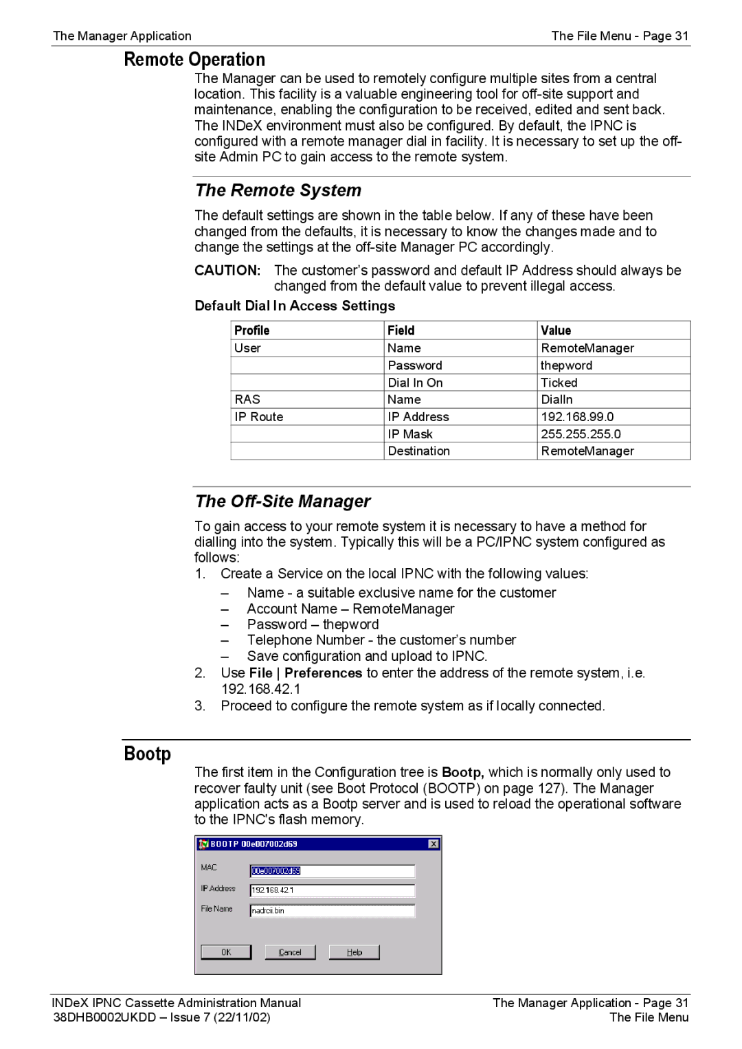 Avaya 38DHB0002UKDD manual Remote Operation, Bootp, Remote System, Off-Site Manager 