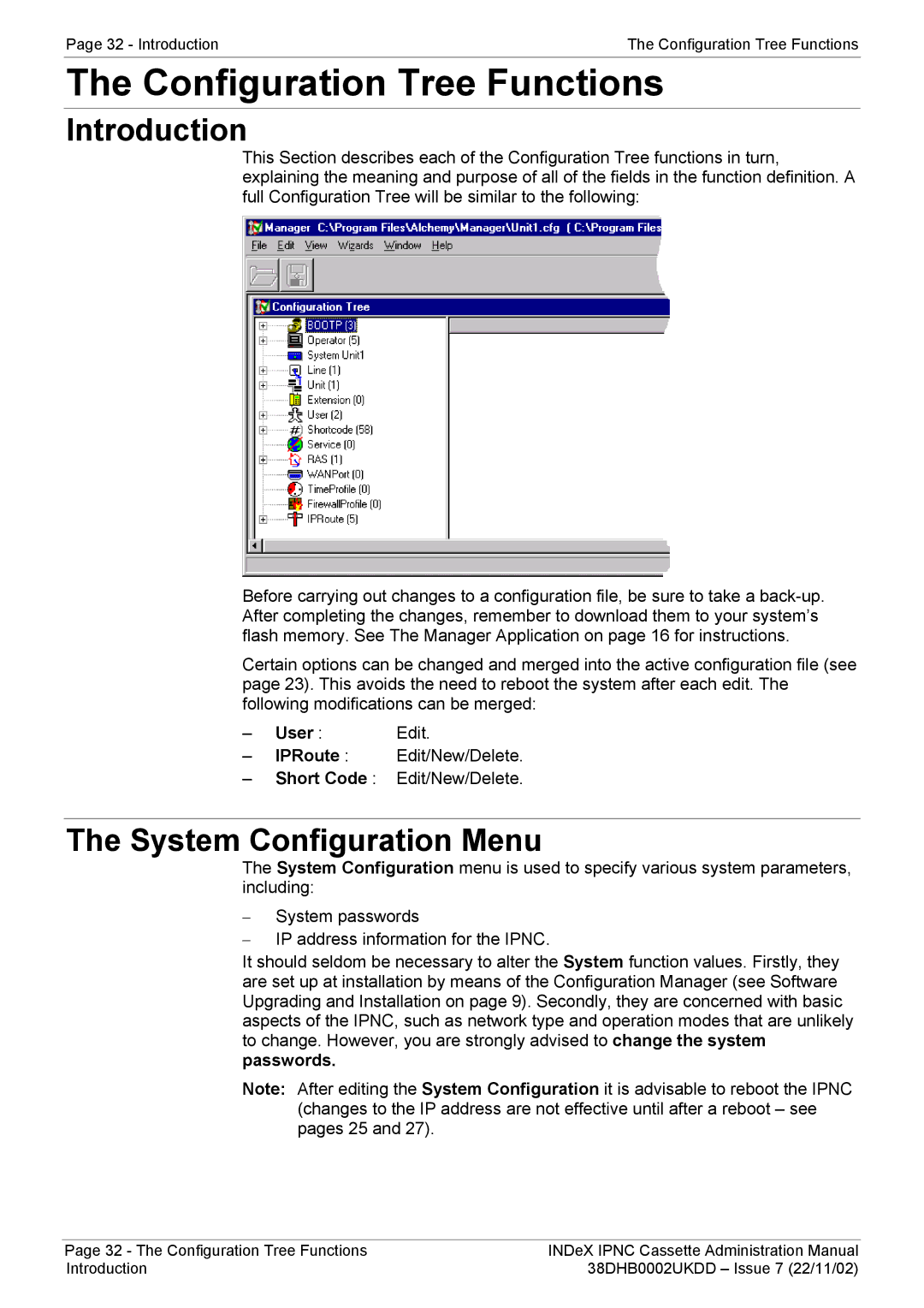 Avaya 38DHB0002UKDD manual Configuration Tree Functions, System Configuration Menu, Passwords 