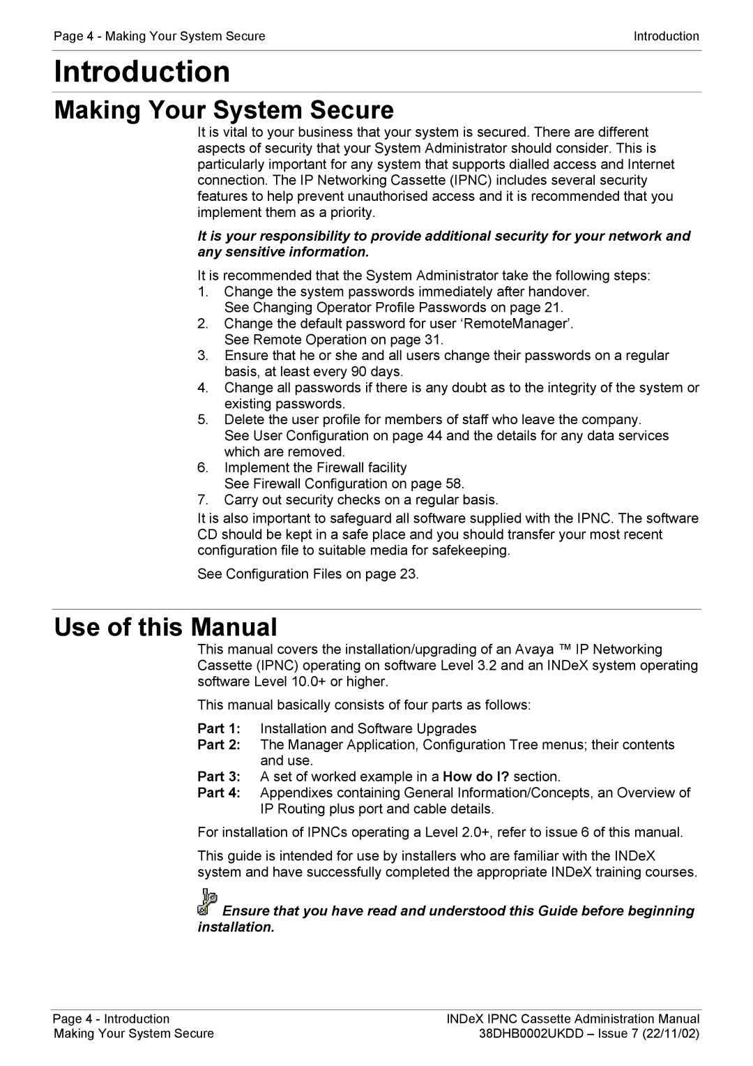 Avaya 38DHB0002UKDD manual Introduction, Making Your System Secure, Use of this Manual 