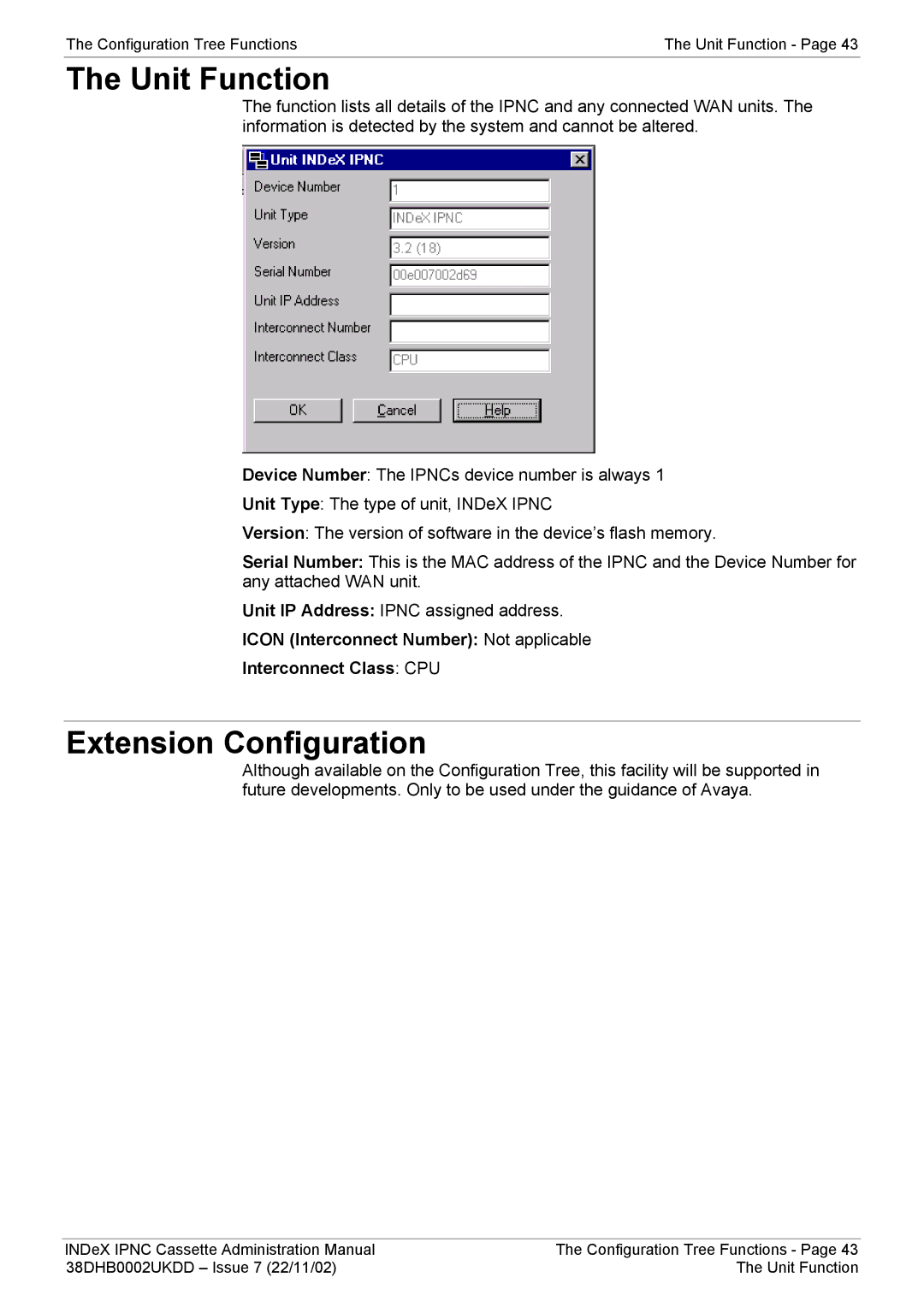 Avaya 38DHB0002UKDD manual Unit Function, Extension Configuration 