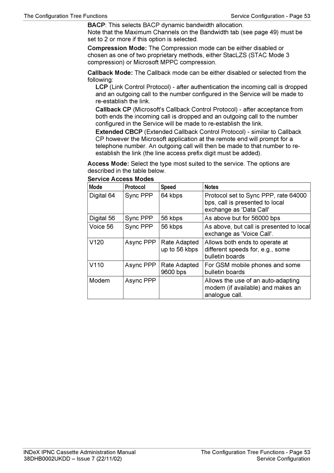 Avaya 38DHB0002UKDD manual Service Access Modes Protocol Speed 