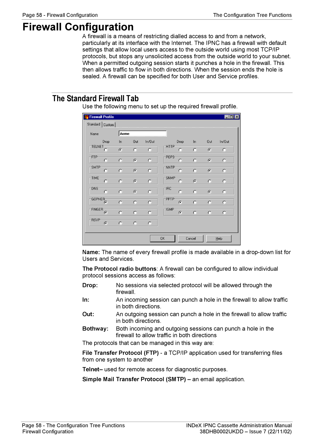 Avaya 38DHB0002UKDD Firewall Configuration, Standard Firewall Tab, Simple Mail Transfer Protocol Smtp an email application 