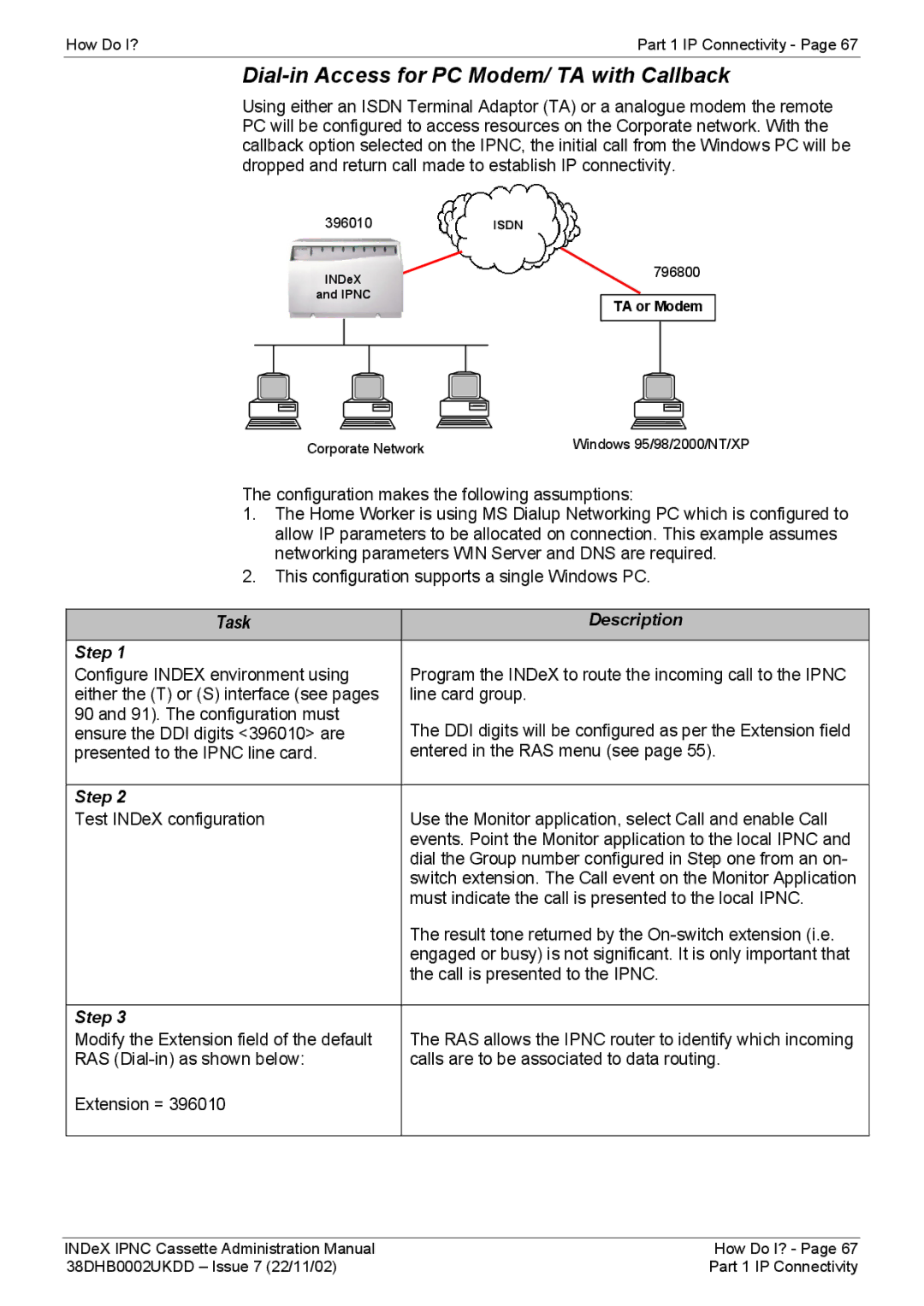 Avaya 38DHB0002UKDD manual Dial-in Access for PC Modem/ TA with Callback, Description Step 