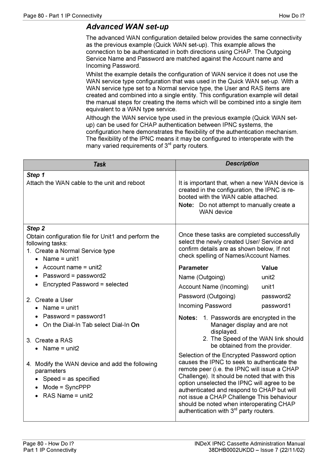 Avaya 38DHB0002UKDD manual Advanced WAN set-up, Parameter Value 