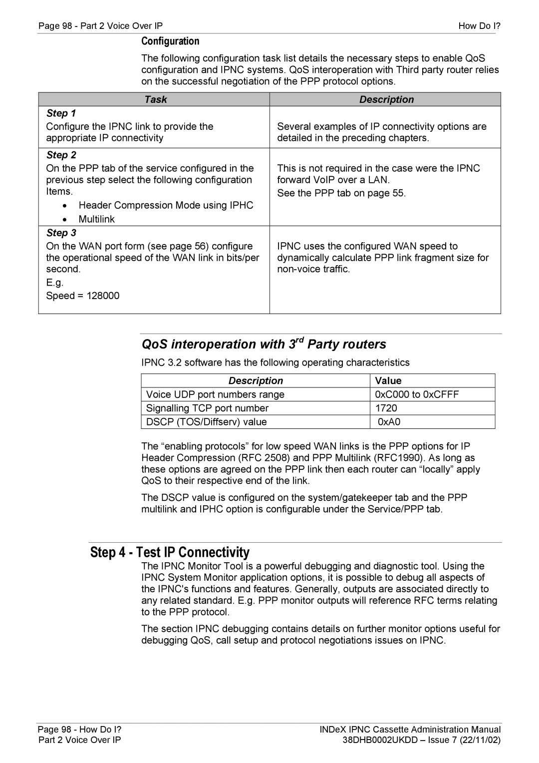 Avaya 38DHB0002UKDD manual Test IP Connectivity, QoS interoperation with 3rd Party routers 