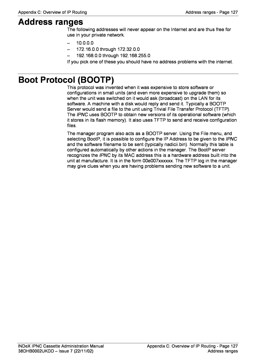 Avaya 38DHB0002UKDD manual Address ranges, Boot Protocol BOOTP 