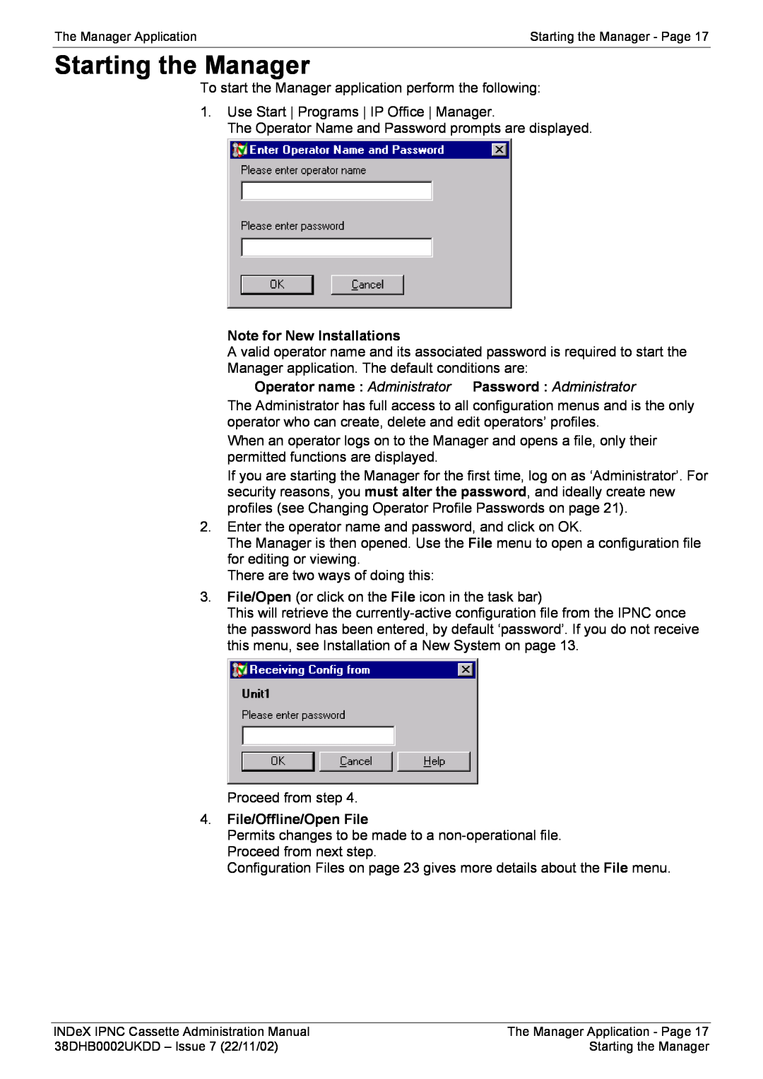 Avaya 38DHB0002UKDD manual Starting the Manager, Note for New Installations, File/Offline/Open File 