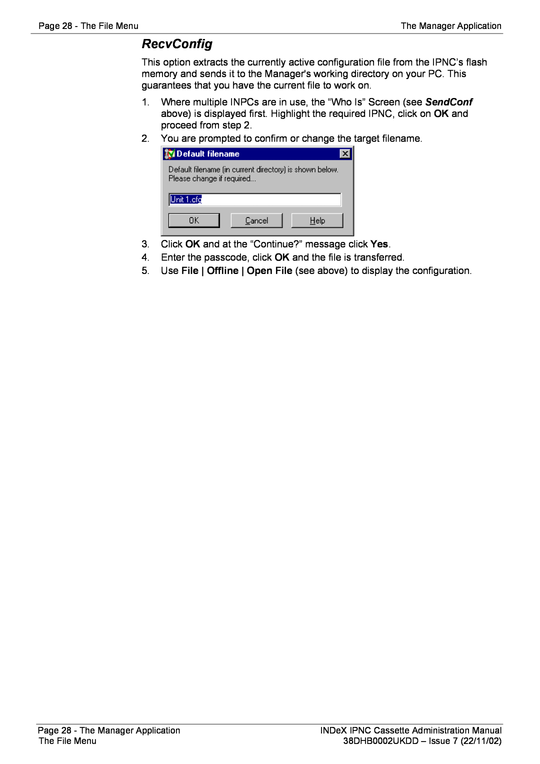 Avaya manual RecvConfig, Page 28 - The File Menu, The Manager Application, 38DHB0002UKDD – Issue 7 22/11/02 