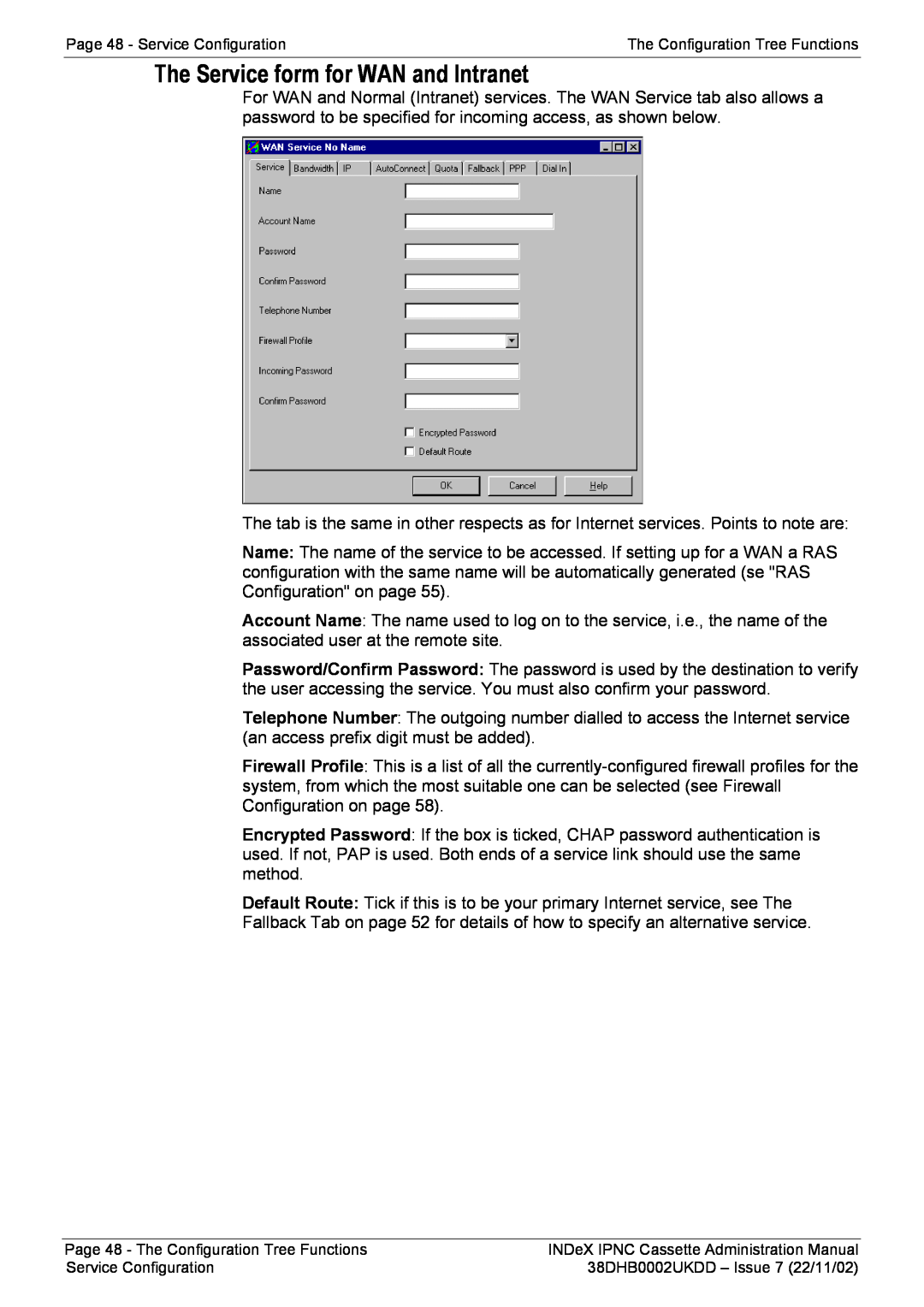 Avaya 38DHB0002UKDD manual The Service form for WAN and Intranet, Page 48 - Service Configuration 