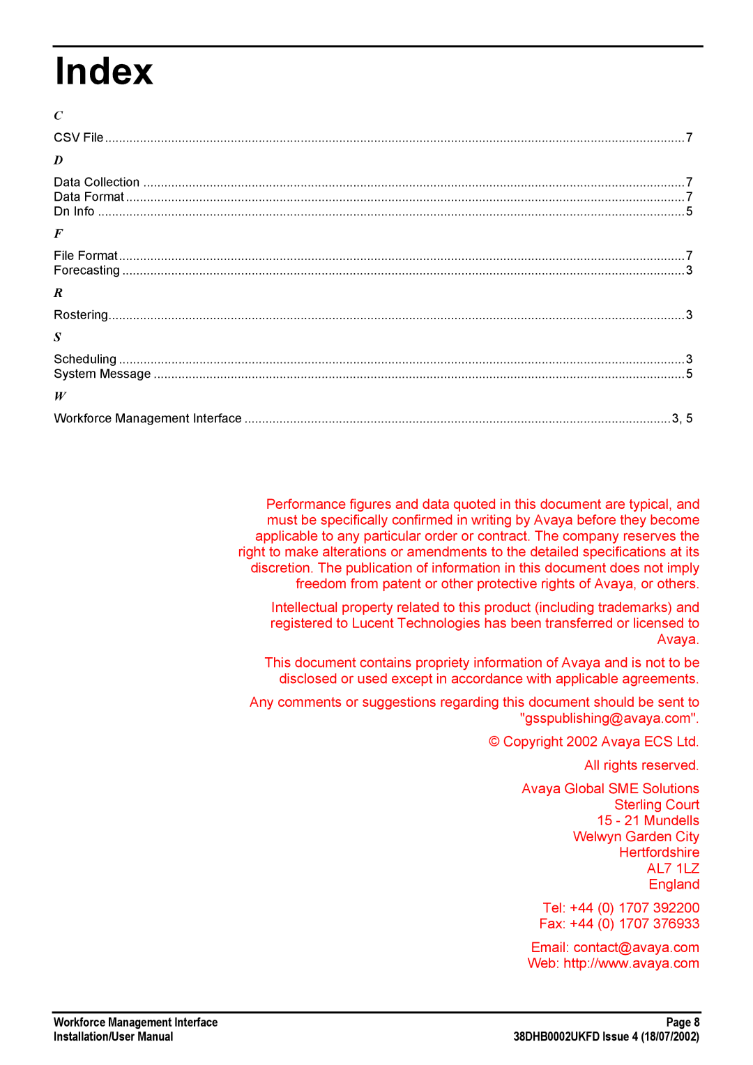 Avaya 38DHB0002UKFD user manual Index 