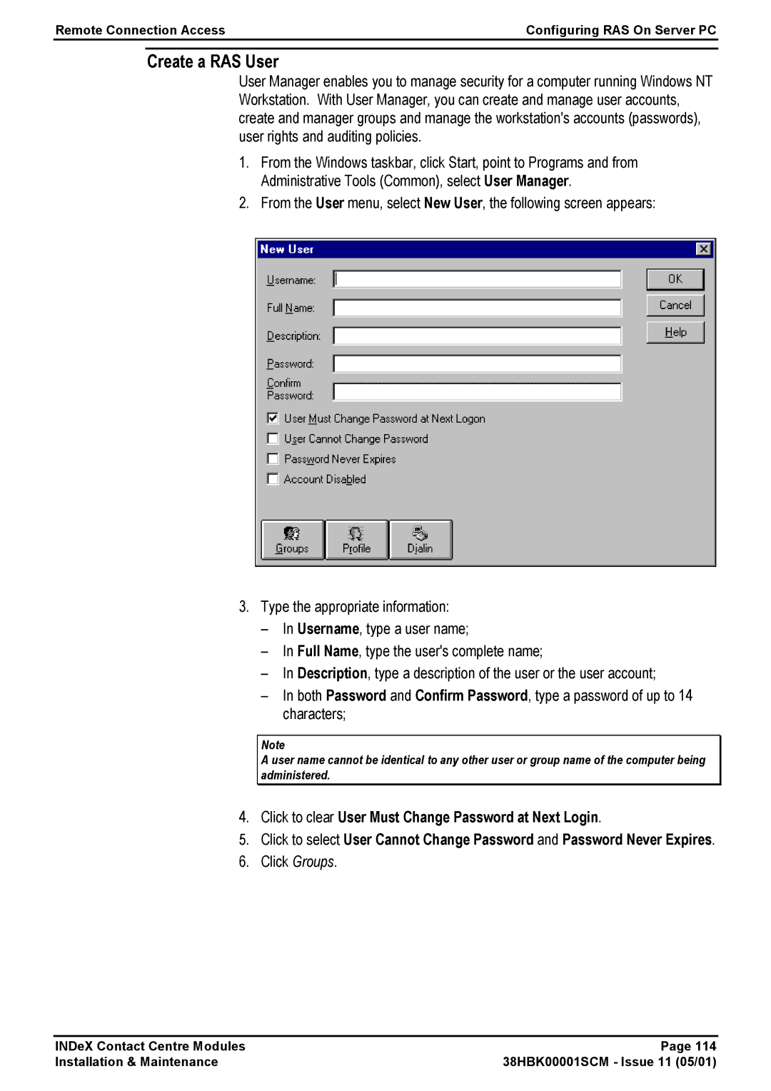 Avaya 38HBK00001SCM manual Create a RAS User, Click Groups 