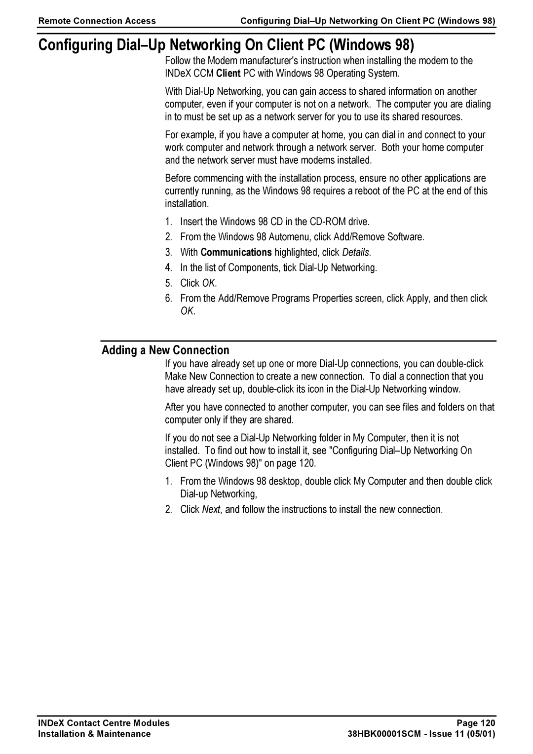 Avaya 38HBK00001SCM manual Configuring Dial-Up Networking On Client PC Windows, Adding a New Connection 