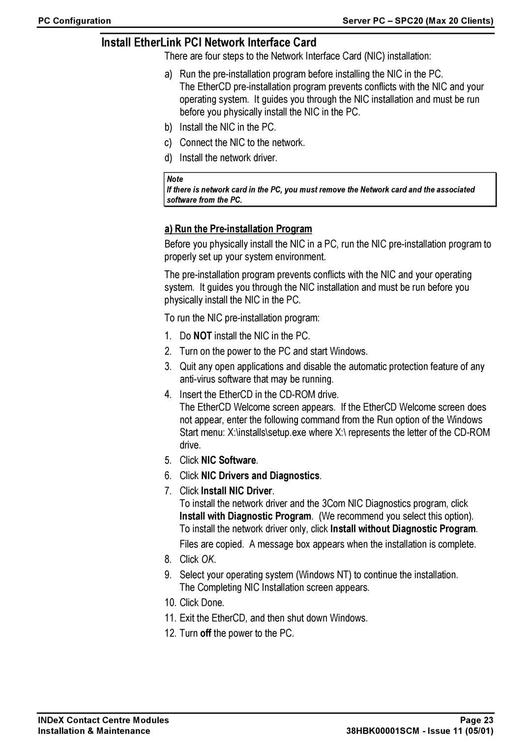 Avaya 38HBK00001SCM manual Install EtherLink PCI Network Interface Card, Run the Pre-installation Program 