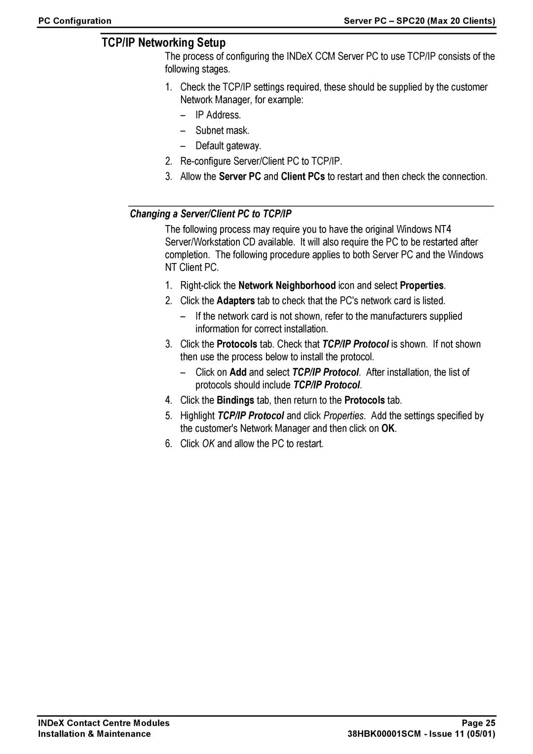 Avaya 38HBK00001SCM manual TCP/IP Networking Setup, Changing a Server/Client PC to TCP/IP 