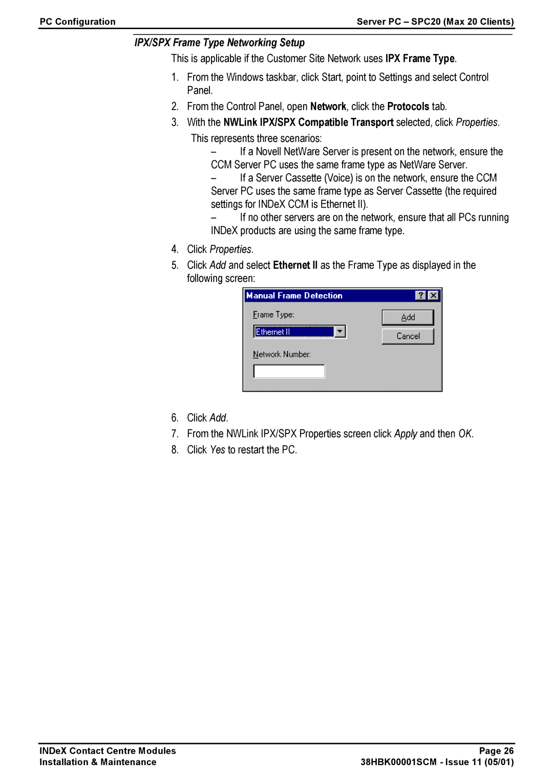 Avaya 38HBK00001SCM manual IPX/SPX Frame Type Networking Setup, Click Properties 