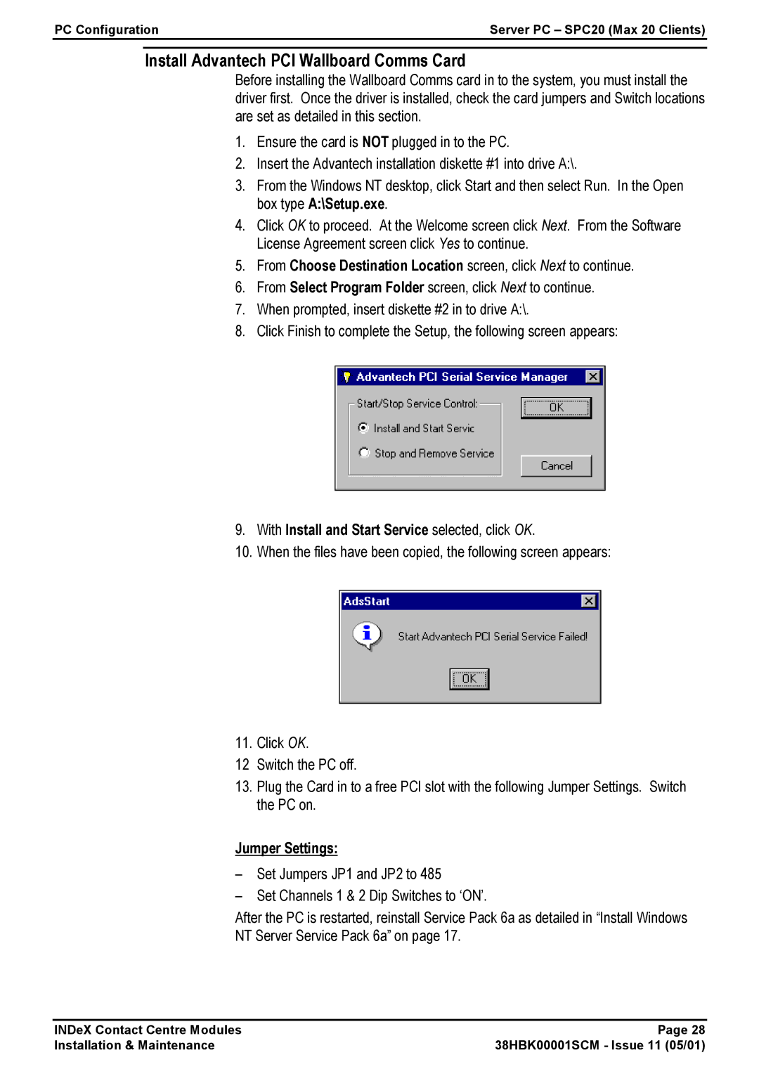 Avaya 38HBK00001SCM manual Install Advantech PCI Wallboard Comms Card, With Install and Start Service selected, click OK 