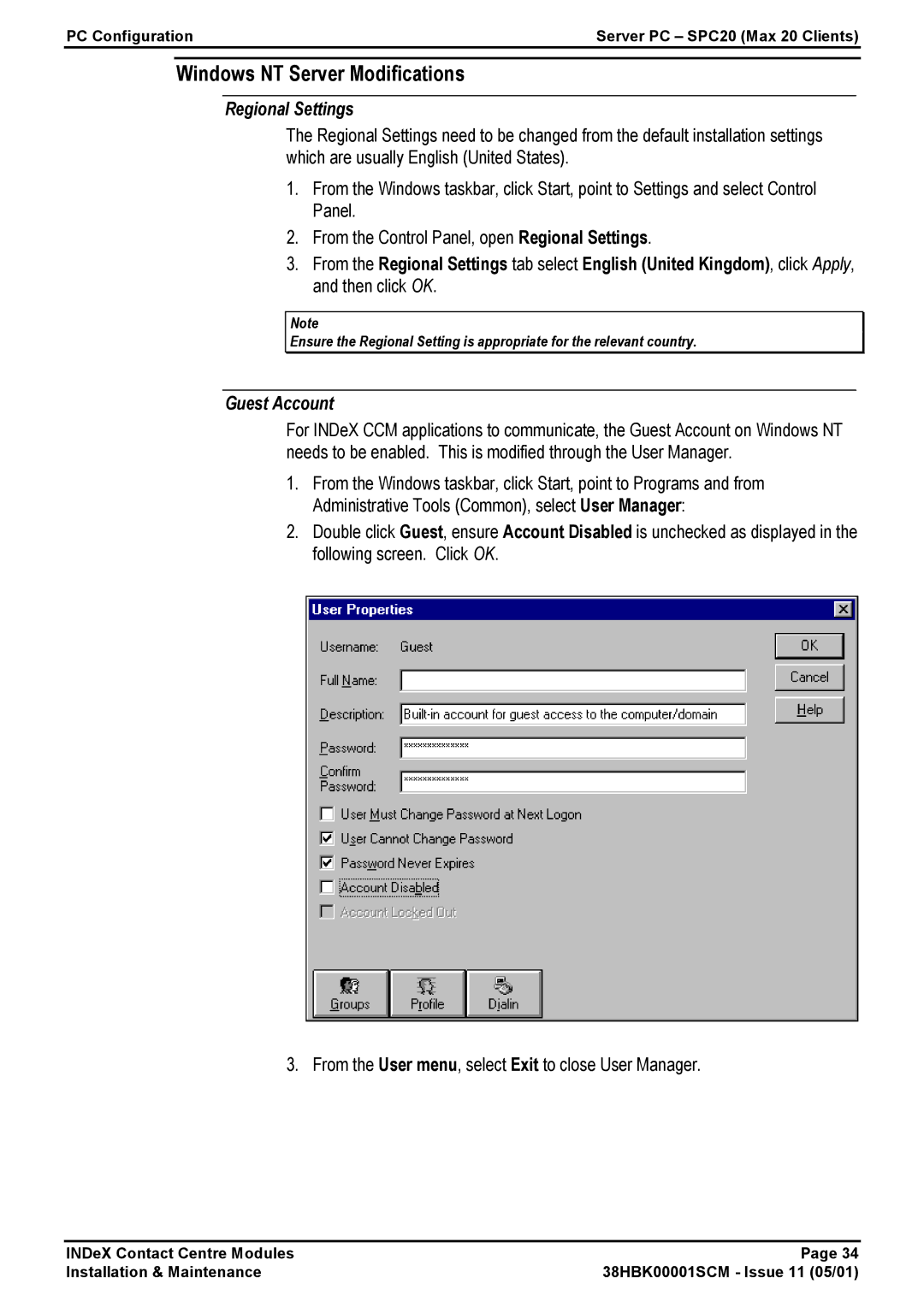 Avaya 38HBK00001SCM manual Windows NT Server Modifications, Regional Settings, Guest Account 