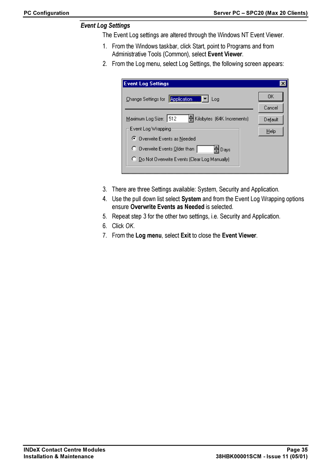 Avaya 38HBK00001SCM manual Event Log Settings 