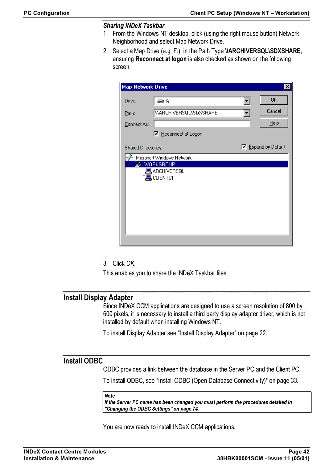 Avaya 38HBK00001SCM manual Install Odbc, Sharing INDeX Taskbar 