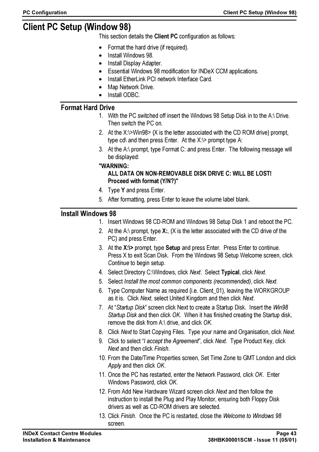 Avaya 38HBK00001SCM manual Client PC Setup Window, Format Hard Drive, Install Windows 