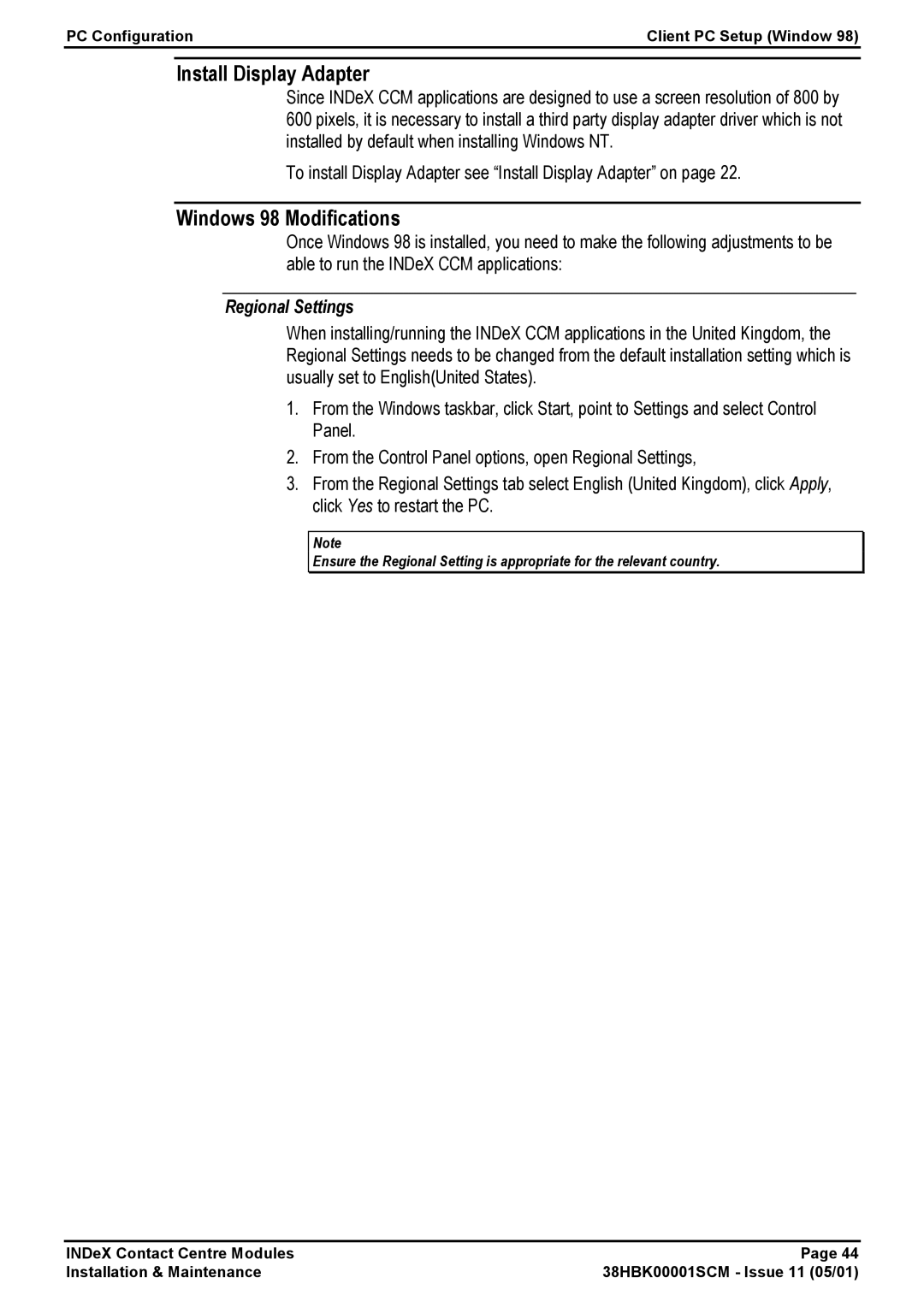 Avaya 38HBK00001SCM manual Windows 98 Modifications, Regional Settings 