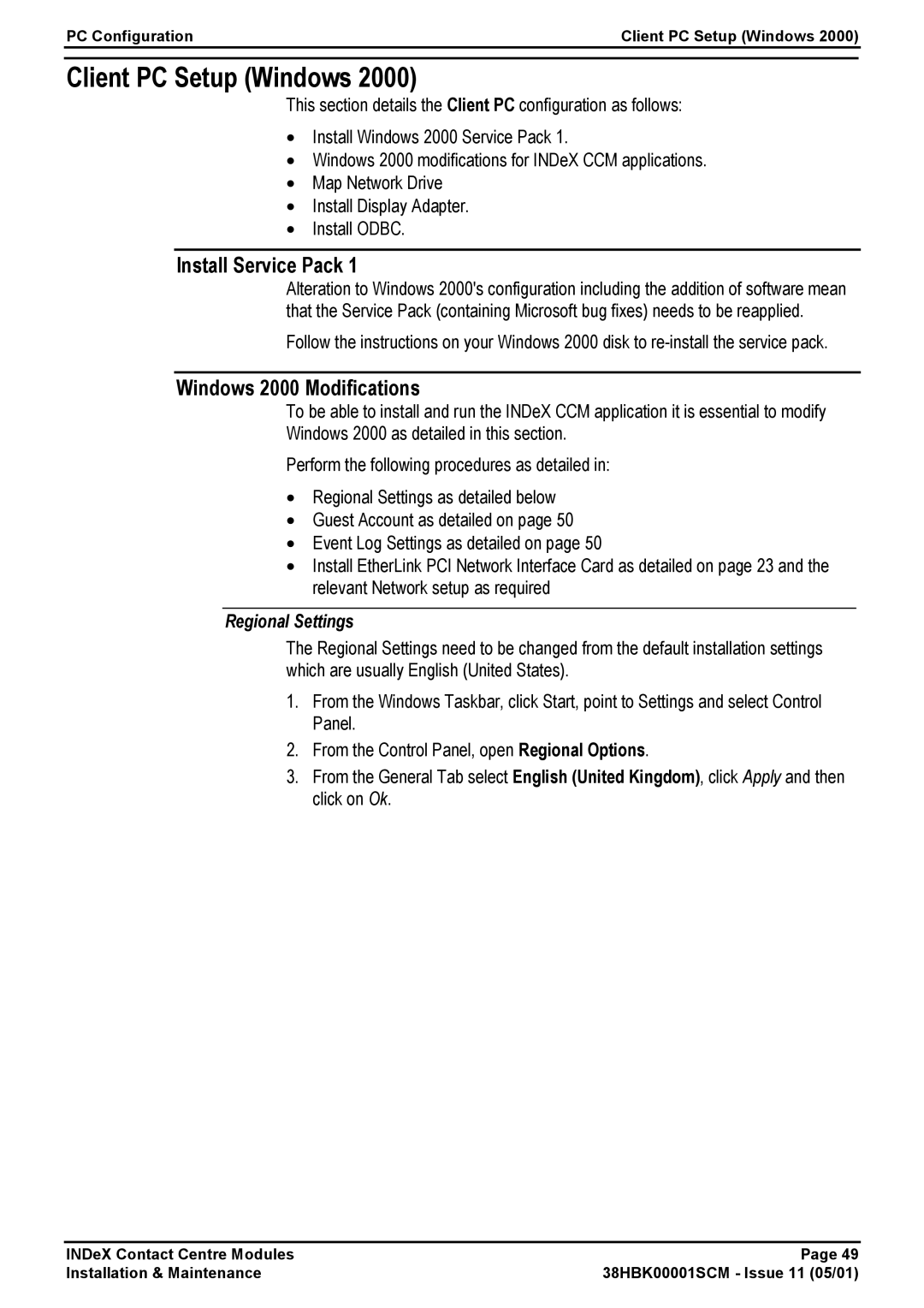 Avaya 38HBK00001SCM manual Client PC Setup Windows, Install Service Pack, Windows 2000 Modifications 