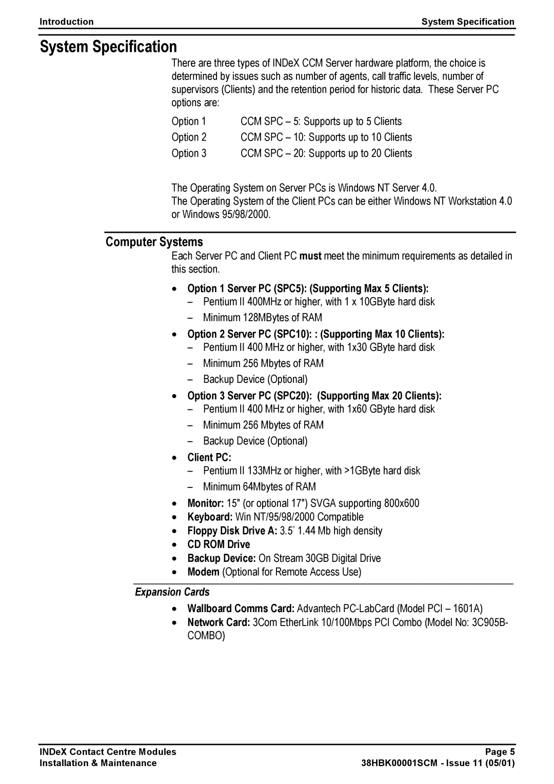 Avaya 38HBK00001SCM manual System Specification, Computer Systems, Expansion Cards 