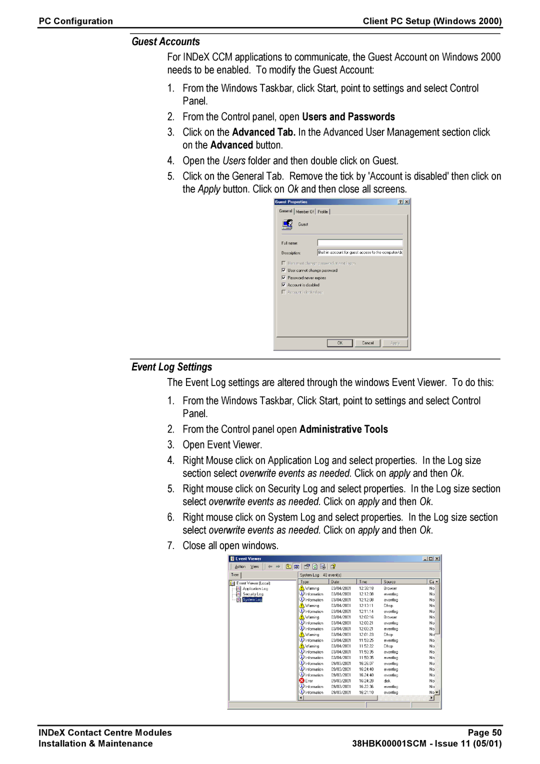 Avaya 38HBK00001SCM manual Guest Accounts, Event Log Settings 