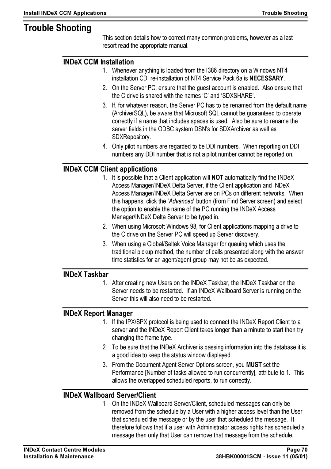 Avaya 38HBK00001SCM manual Trouble Shooting, INDeX CCM Installation, INDeX Wallboard Server/Client 