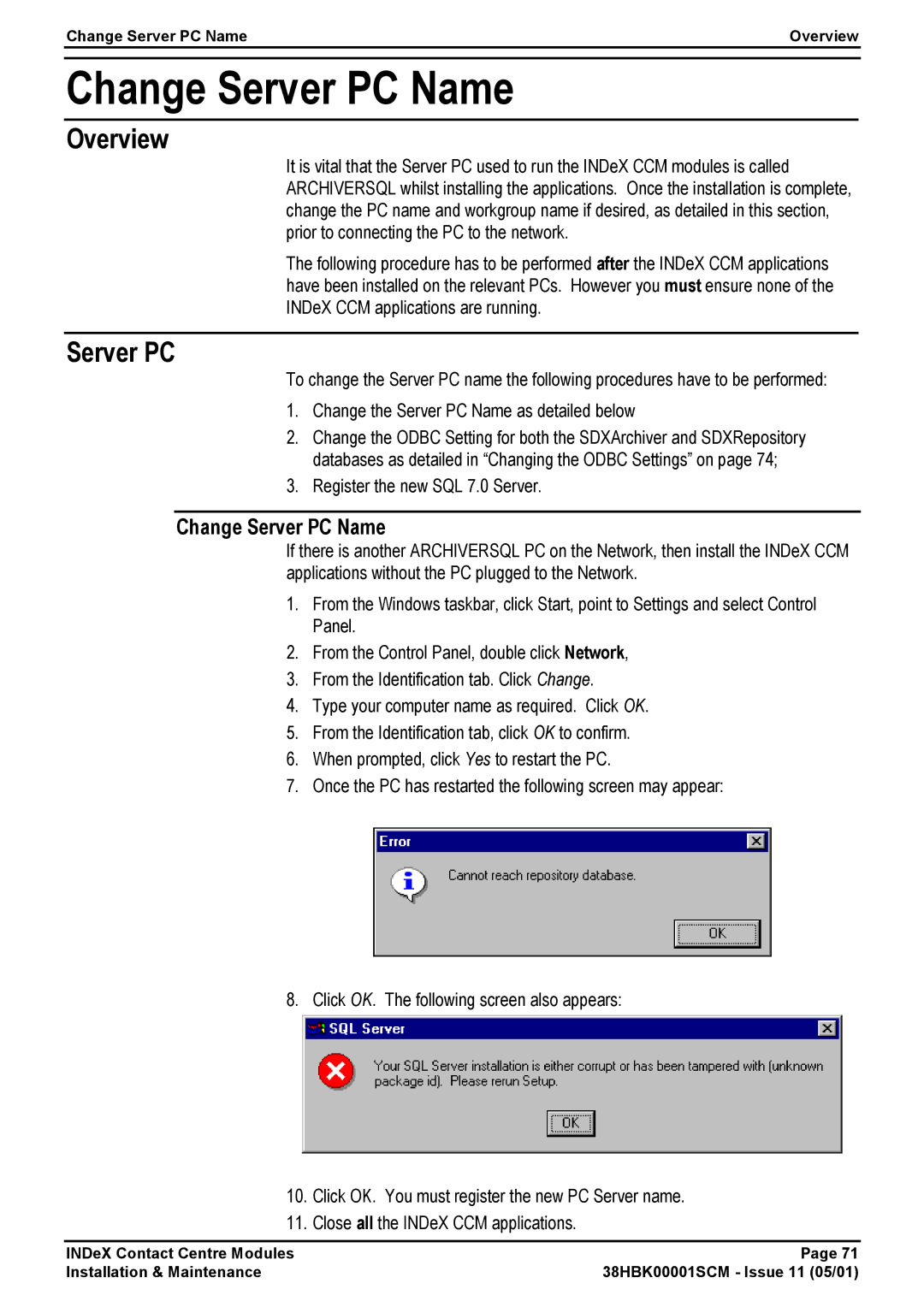 Avaya 38HBK00001SCM manual Change Server PC Name 