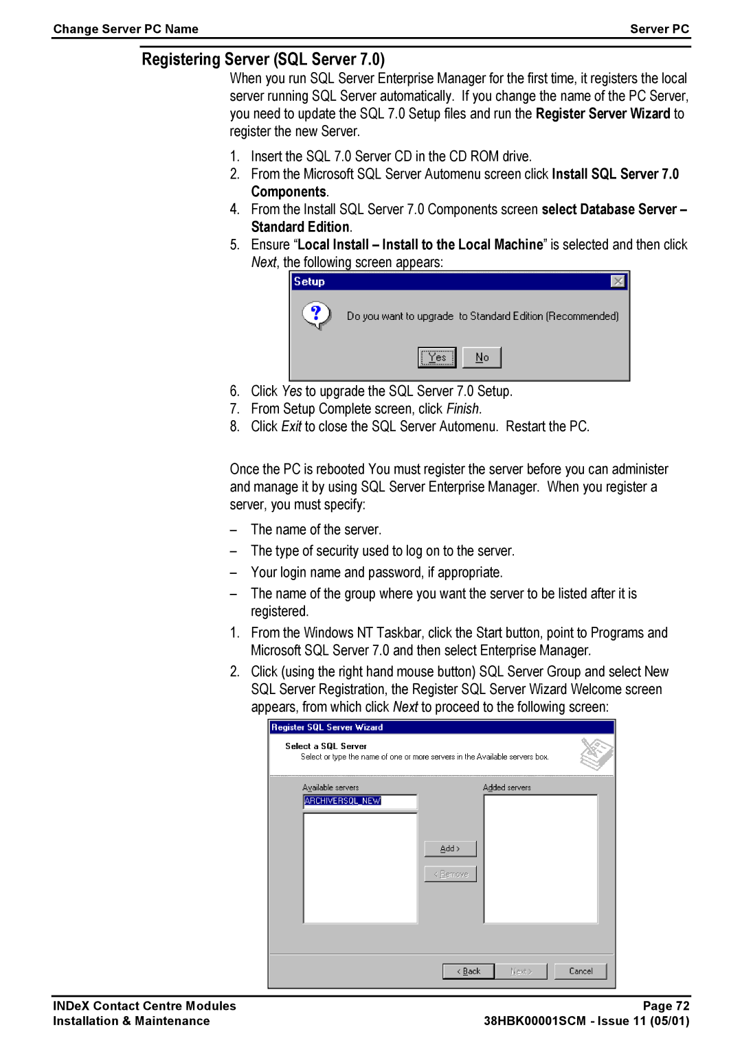 Avaya 38HBK00001SCM manual Registering Server SQL Server 