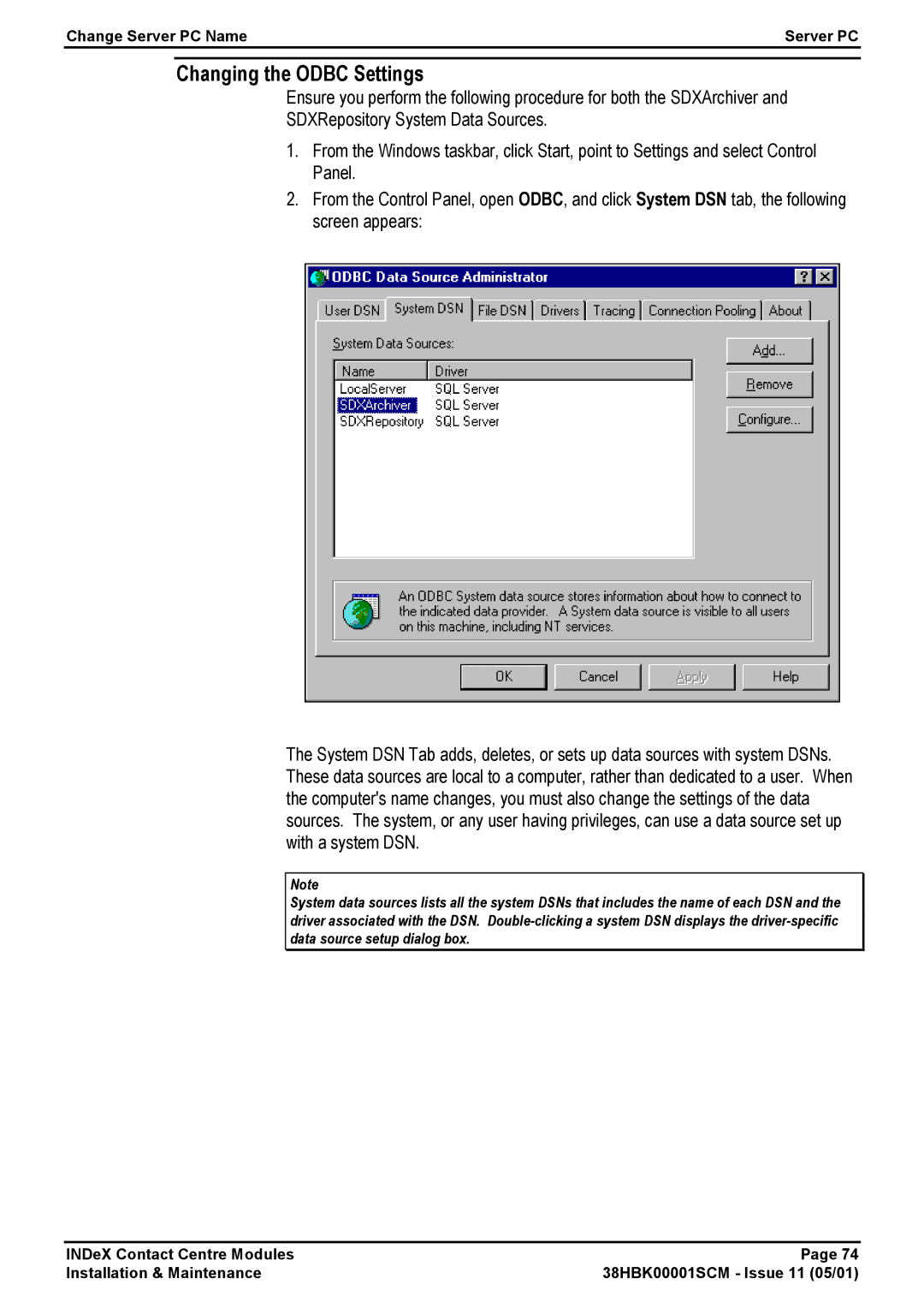 Avaya 38HBK00001SCM manual Changing the Odbc Settings 