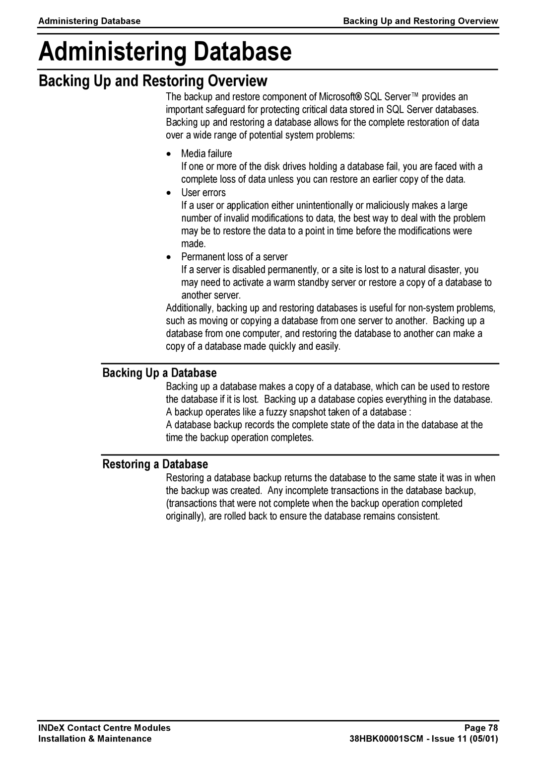 Avaya 38HBK00001SCM manual Backing Up and Restoring Overview, Backing Up a Database, Restoring a Database 