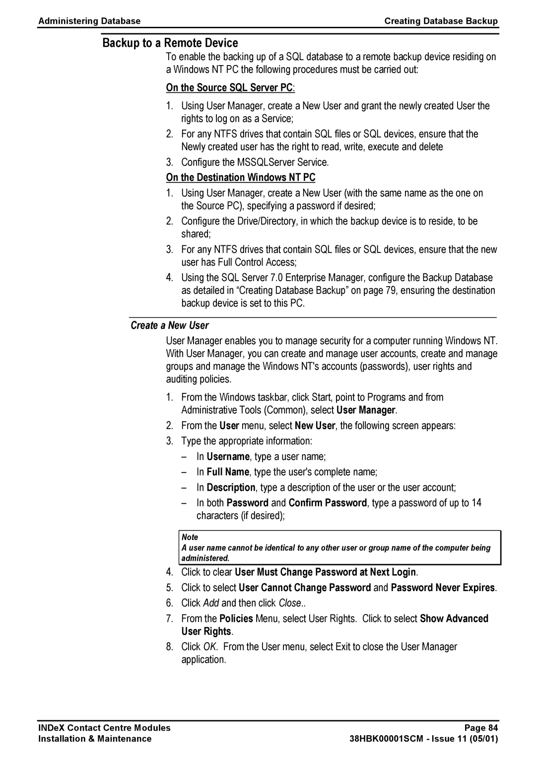 Avaya 38HBK00001SCM manual Backup to a Remote Device, On the Source SQL Server PC, On the Destination Windows NT PC 