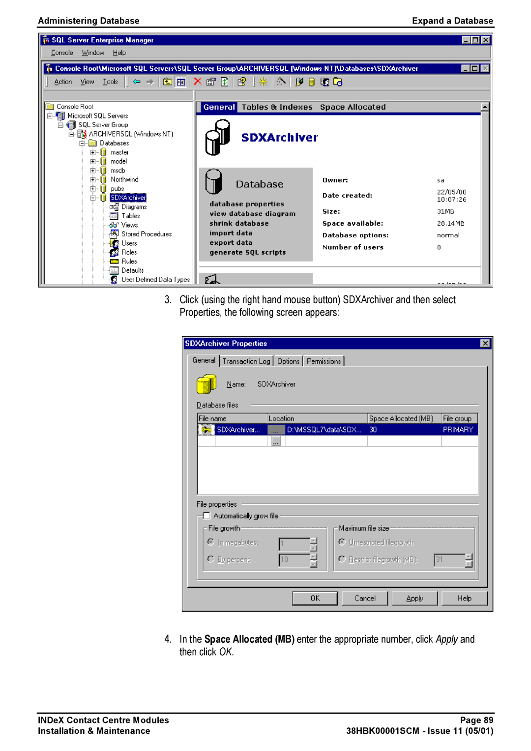 Avaya 38HBK00001SCM manual Administering Database Expand a Database 