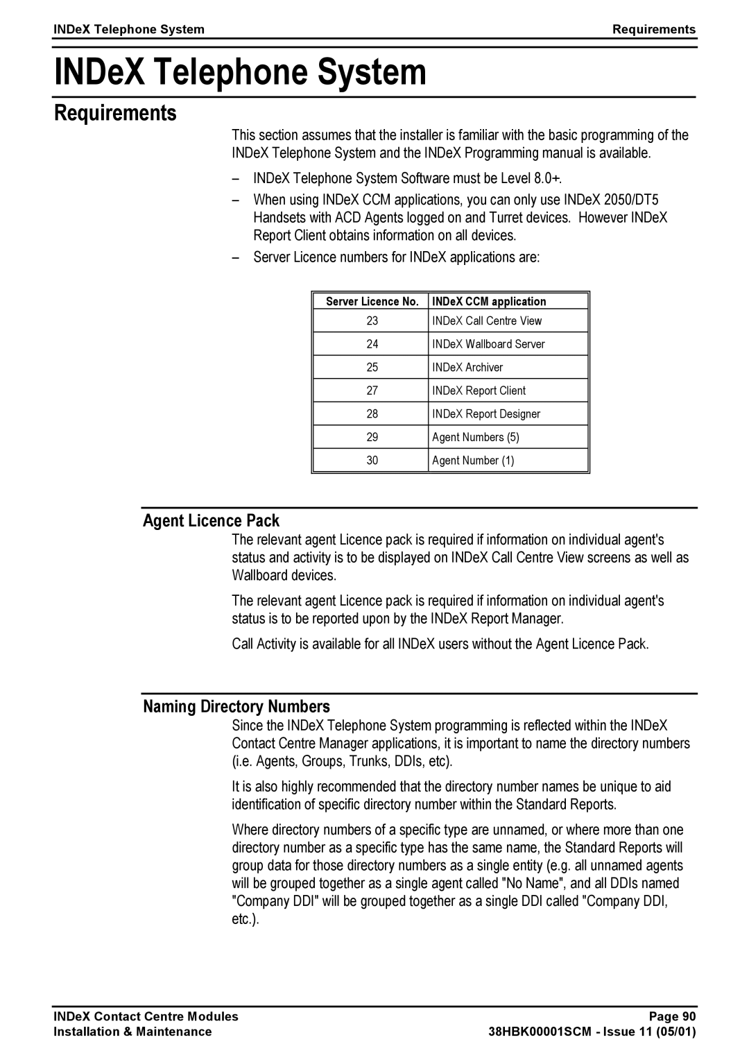 Avaya 38HBK00001SCM manual Requirements, Agent Licence Pack, Naming Directory Numbers 