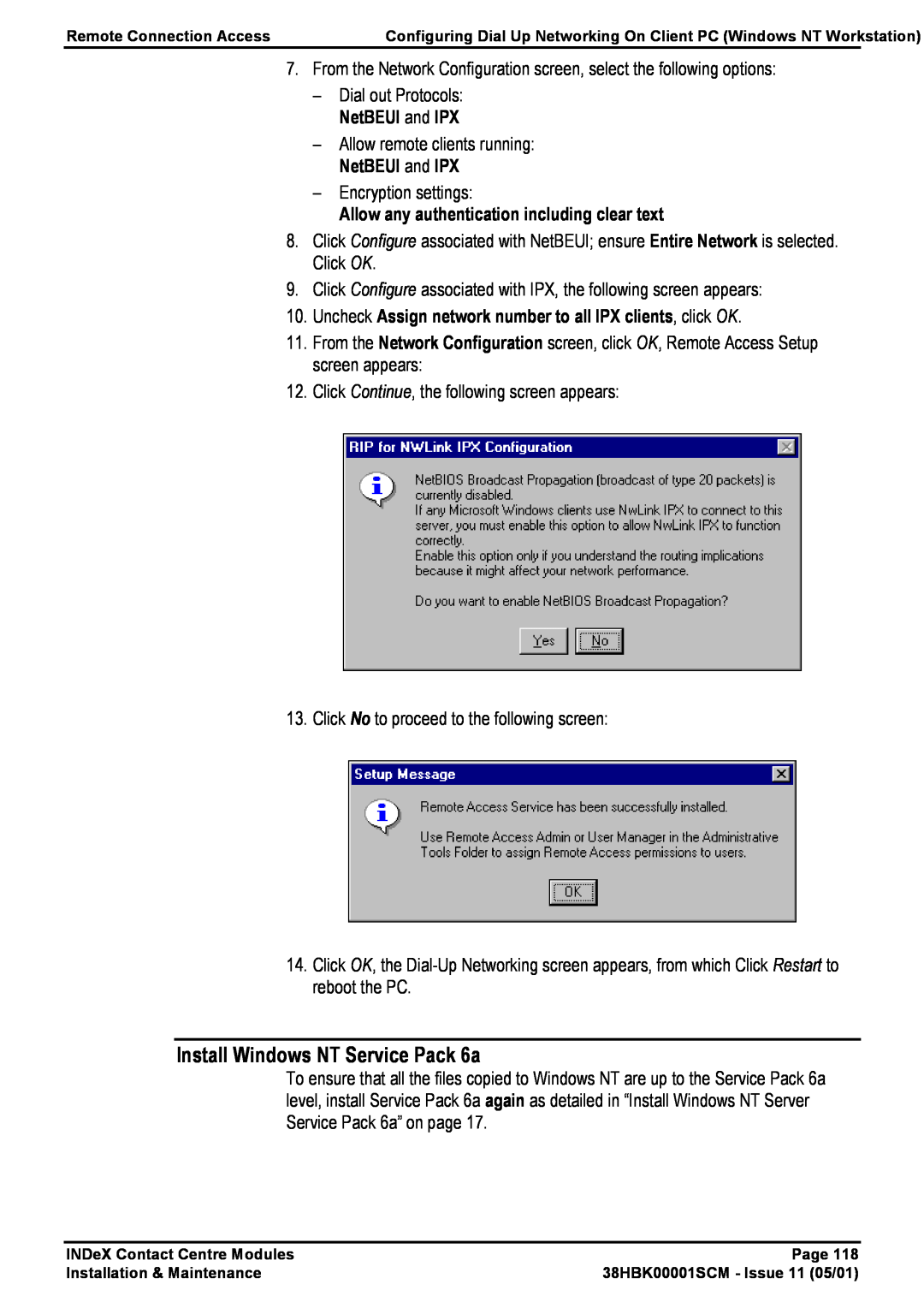 Avaya 38HBK00001SCM manual Uncheck Assign network number to all IPX clients, click OK, Install Windows NT Service Pack 6a 