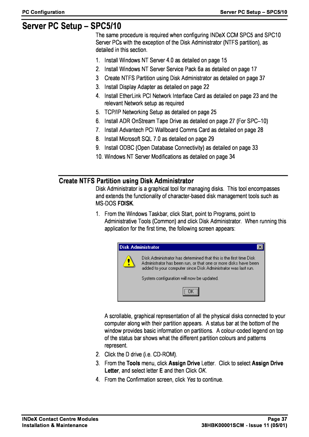 Avaya 38HBK00001SCM manual Server PC Setup - SPC5/10, Create NTFS Partition using Disk Administrator 