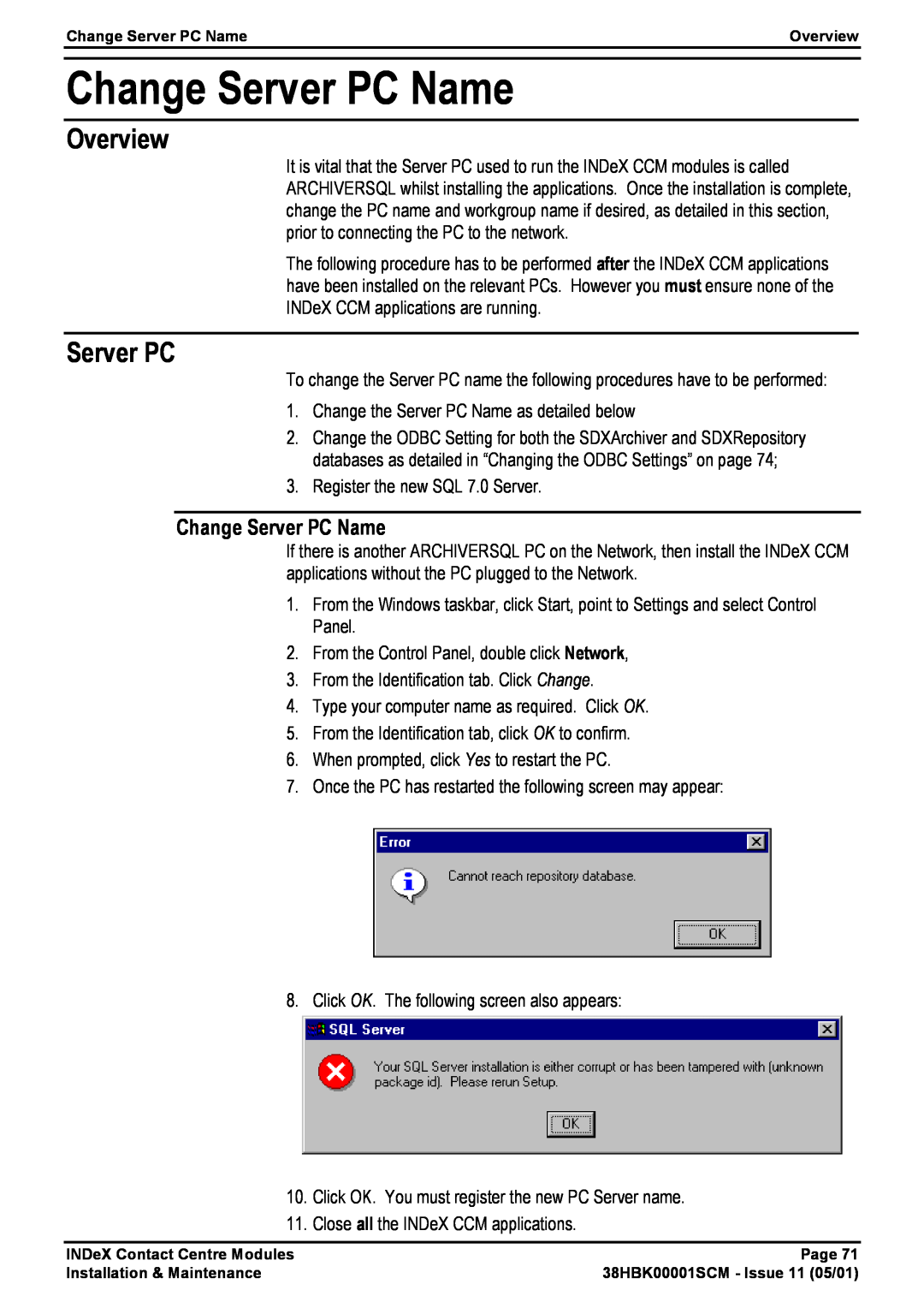 Avaya 38HBK00001SCM manual Change Server PC Name, Overview 