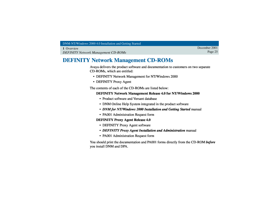 Avaya manual DEFINITY Network Management CD-ROMs, DEFINITY Network Management Release 4.0 for NT/Windows 