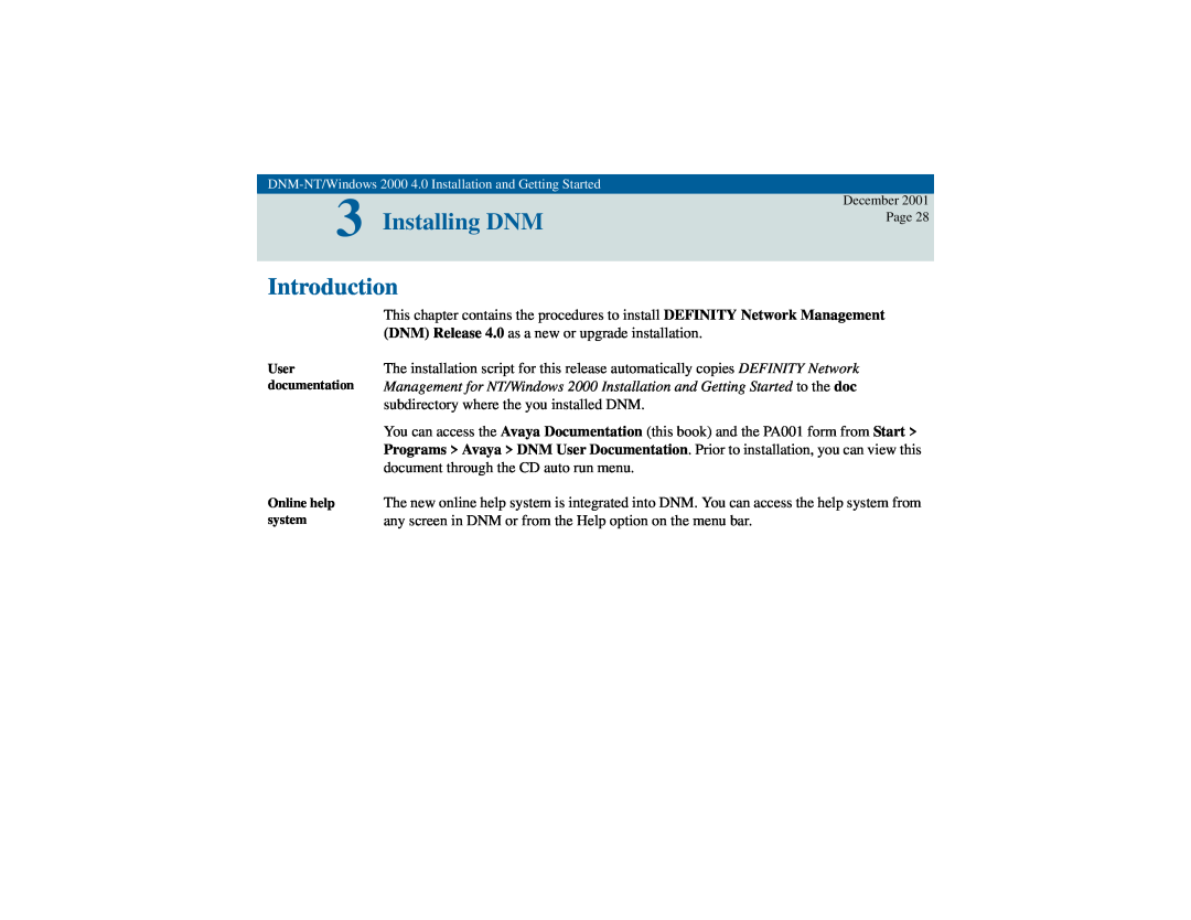 Avaya 4 manual 3Installing DNM, Introduction, User documentation Online help system 