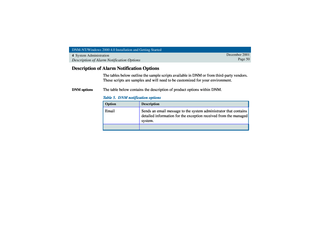 Avaya 4 manual Description of Alarm Notification Options, DNM notification options 