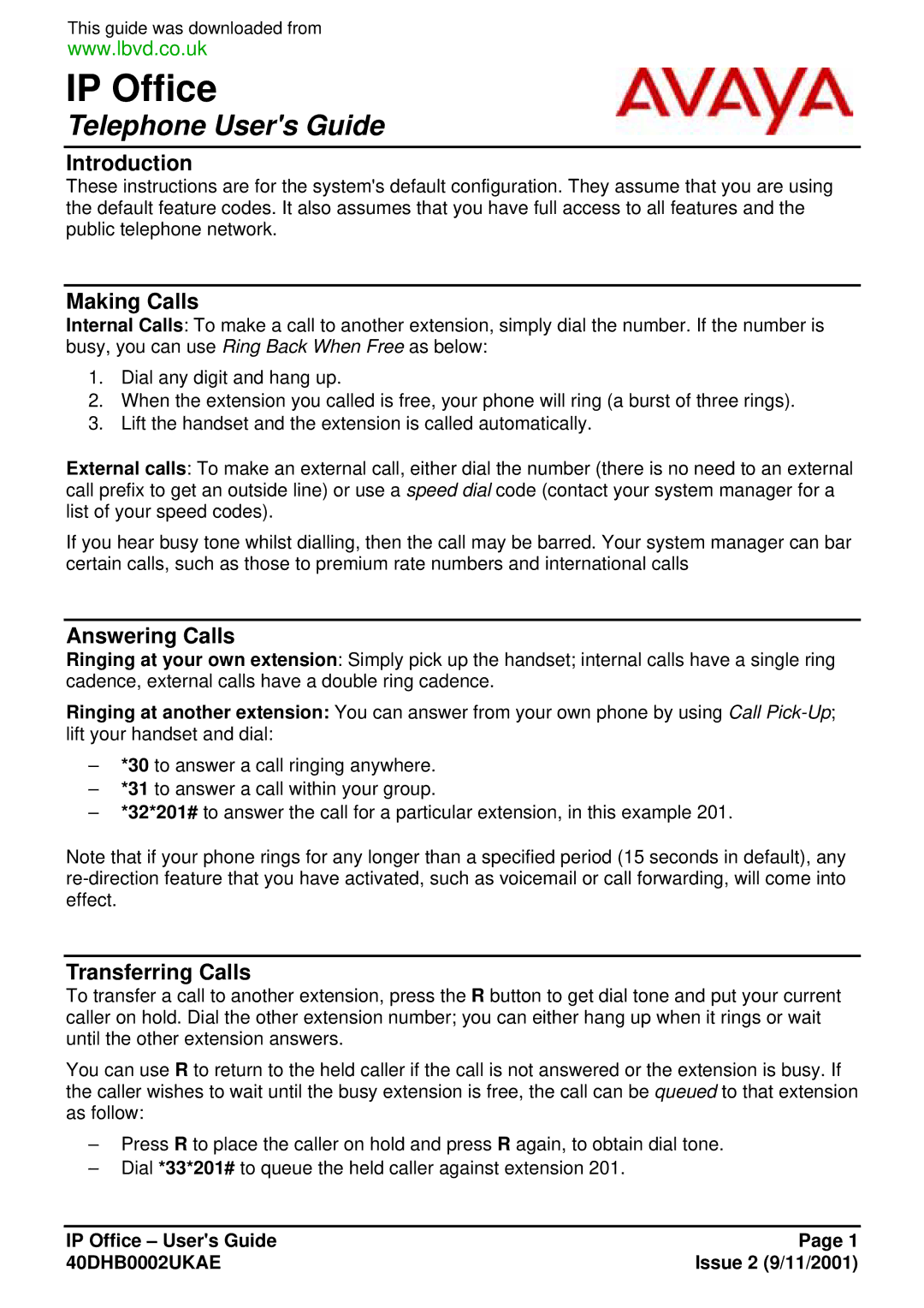 Avaya 40DHB0002UKAE manual Introduction, Making Calls, Answering Calls, Transferring Calls 