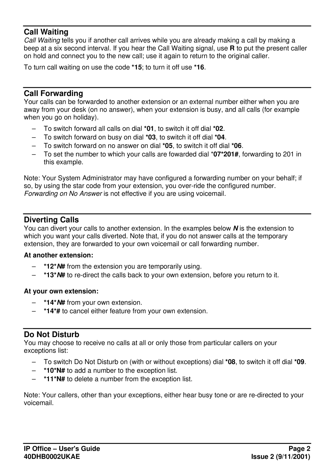 Avaya 40DHB0002UKAE manual Call Waiting, Call Forwarding, Diverting Calls, Do Not Disturb 