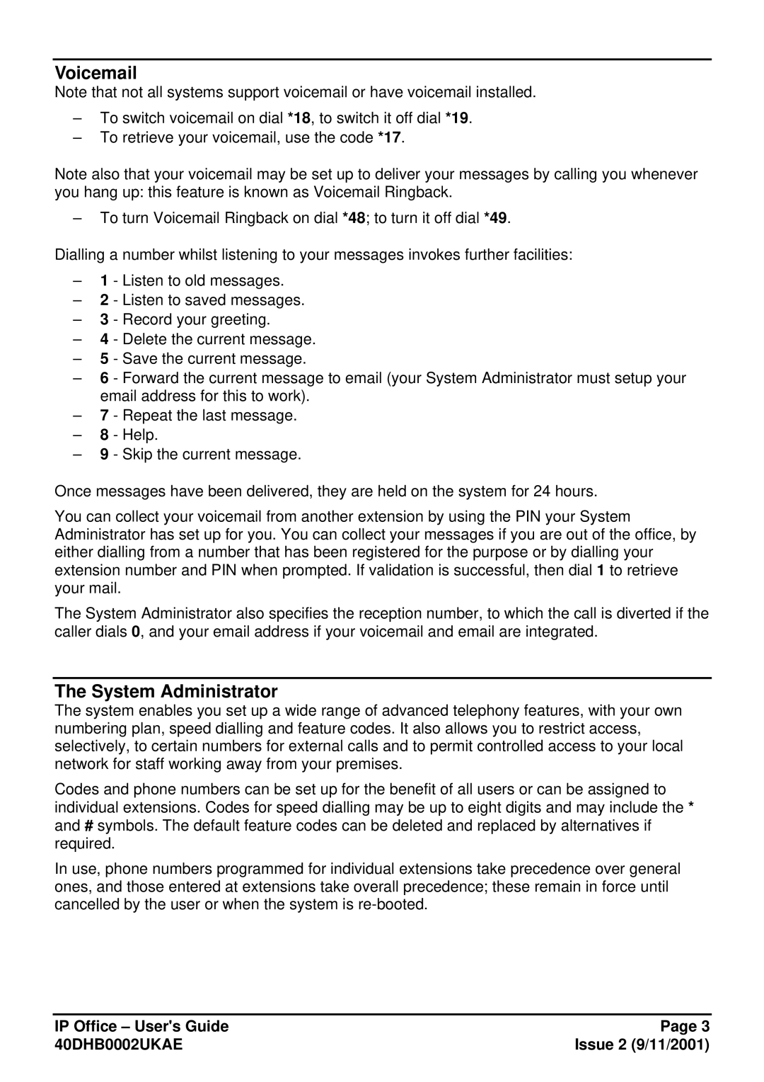 Avaya 40DHB0002UKAE manual Voicemail, System Administrator 