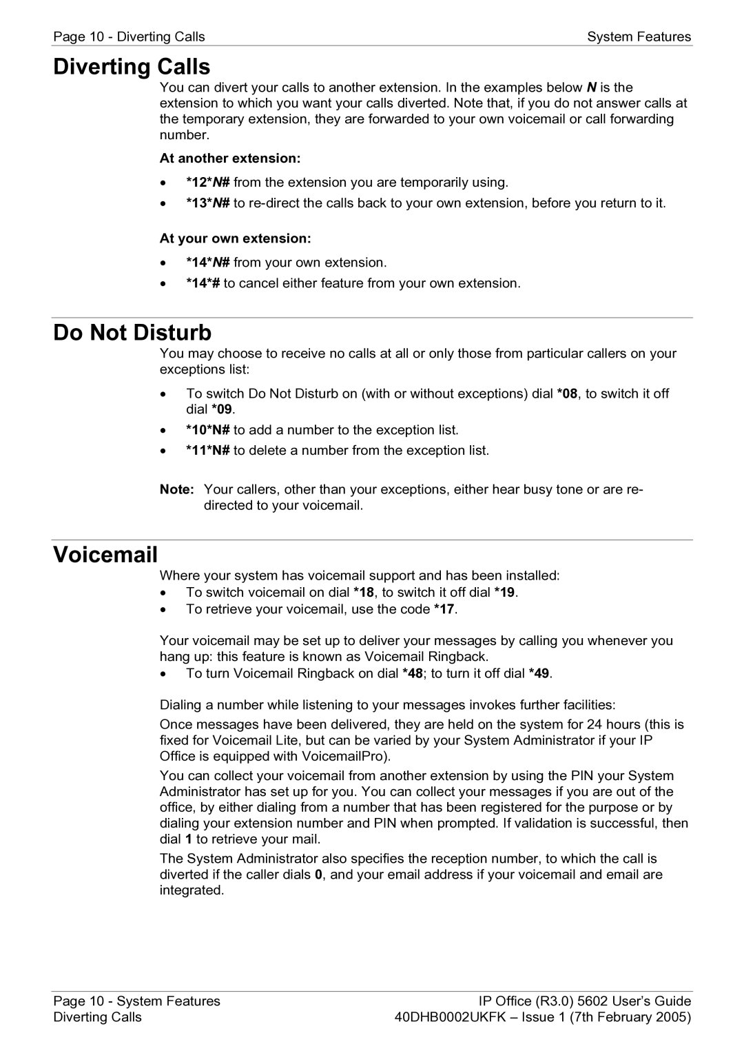 Avaya 40DHB0002UKFK manual Diverting Calls, Do Not Disturb, Voicemail, At another extension, At your own extension 